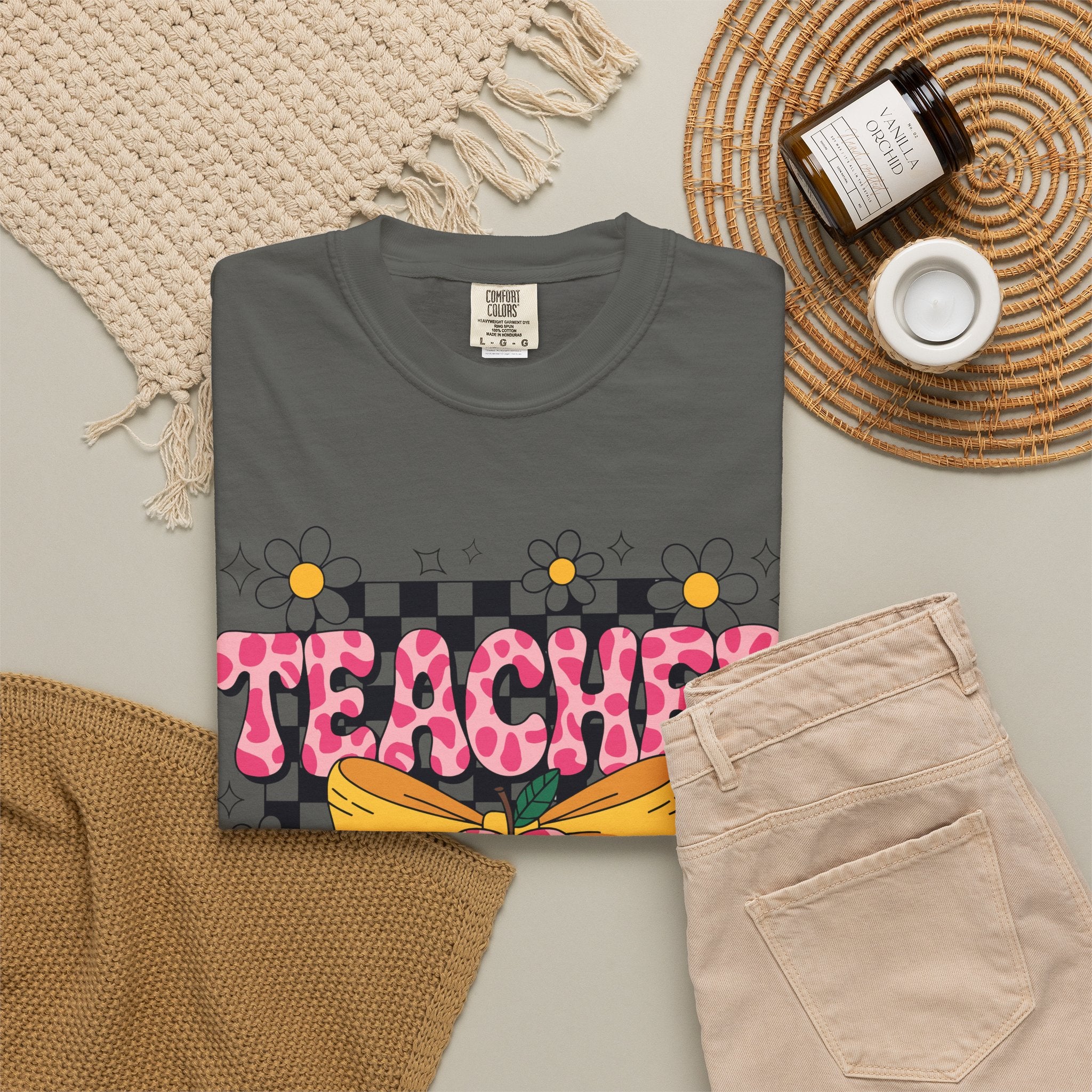 Teacher Floral Bow T‑Shirt — Cute Checkerboard & Heart Design for Educators