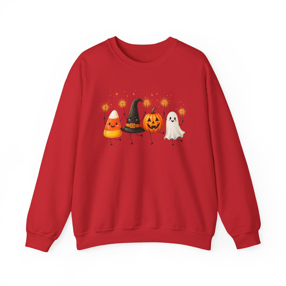Halloween Friends Crewneck Sweatshirt — Cute Candy Corn, Witch Hat, Jack-o'-Lantern & Ghost Design