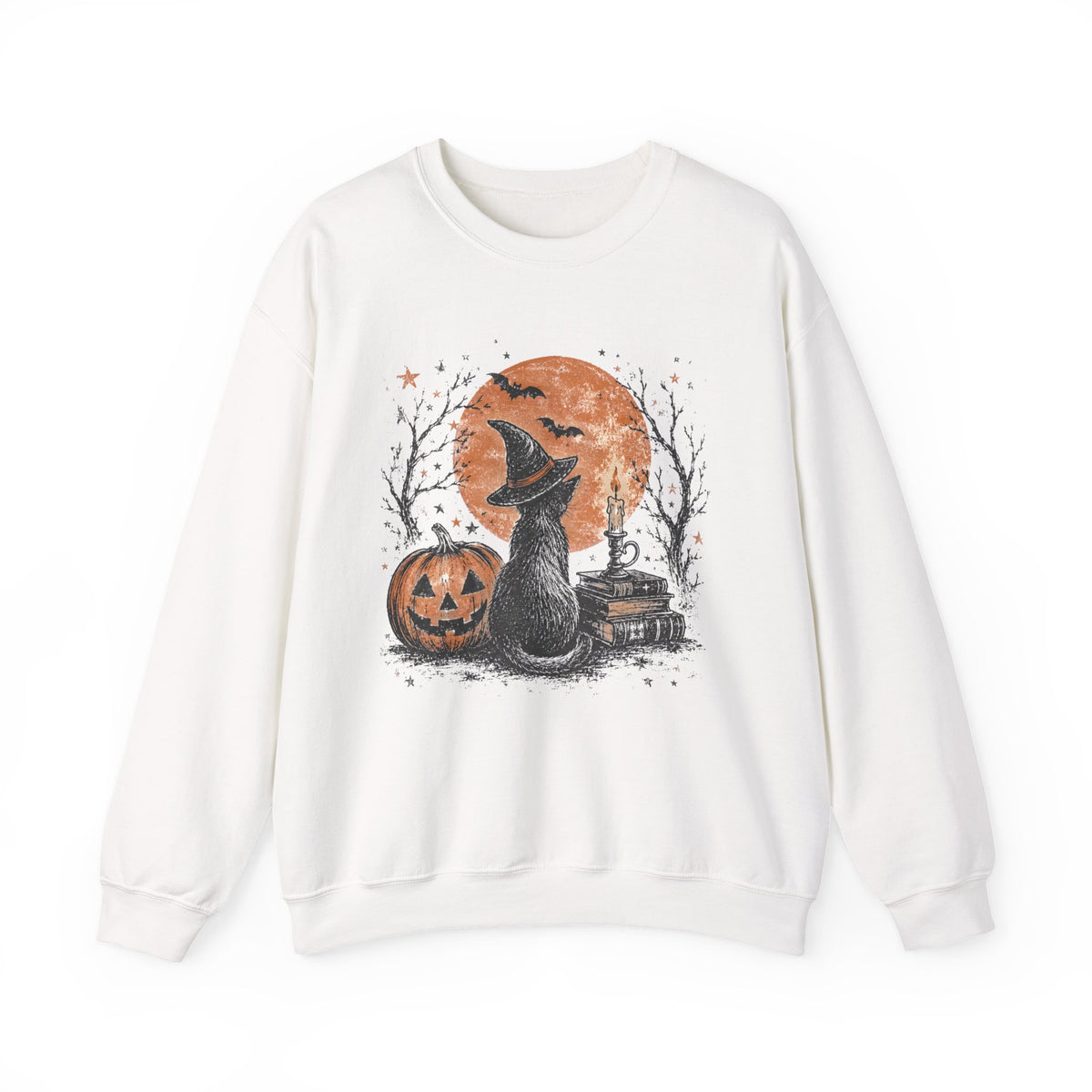 Crewneck Sweatshirt — Halloween Cat Witch Moon Graphic