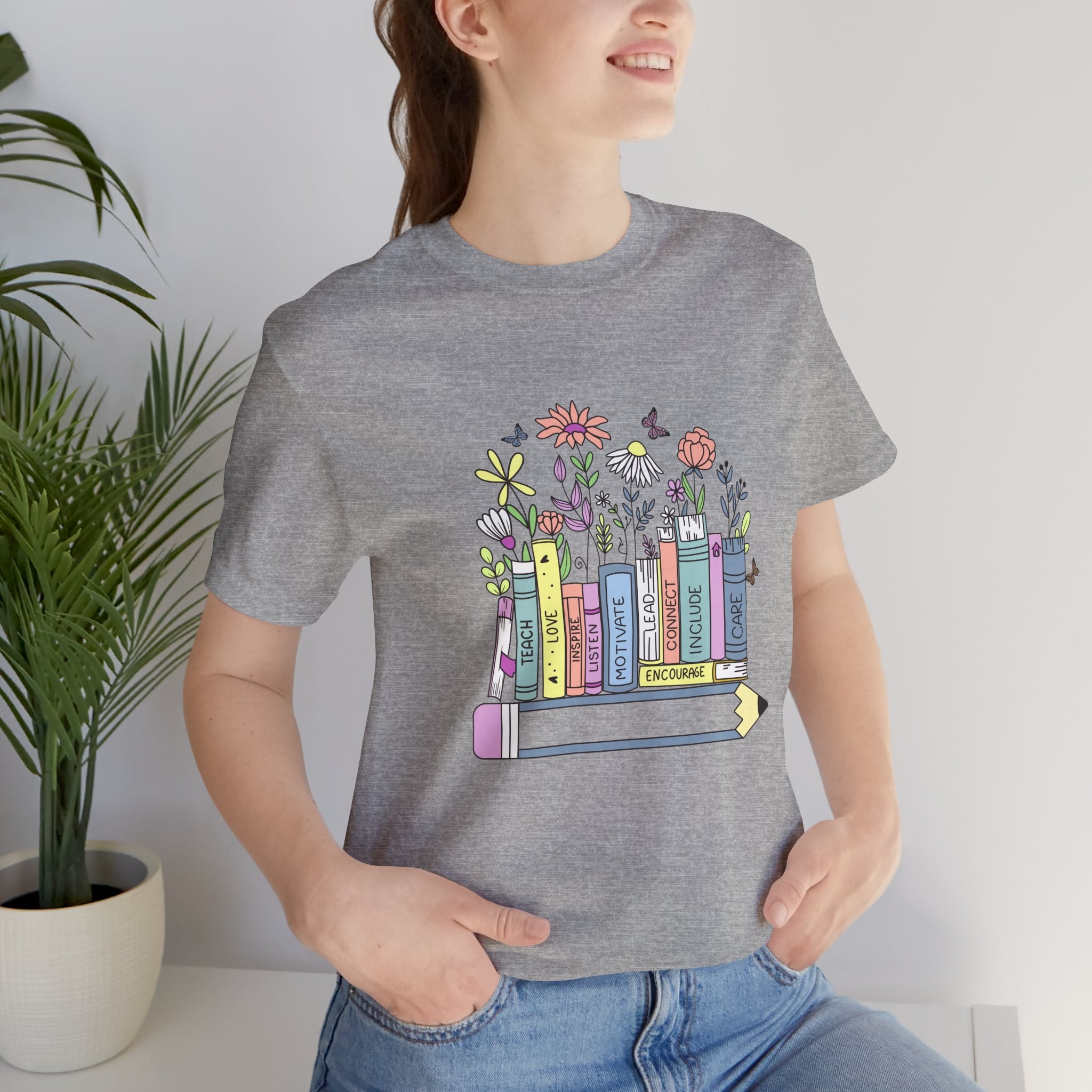 Book Lover T‑Shirt — Teacher Floral Books & Pencil Illustration Tee