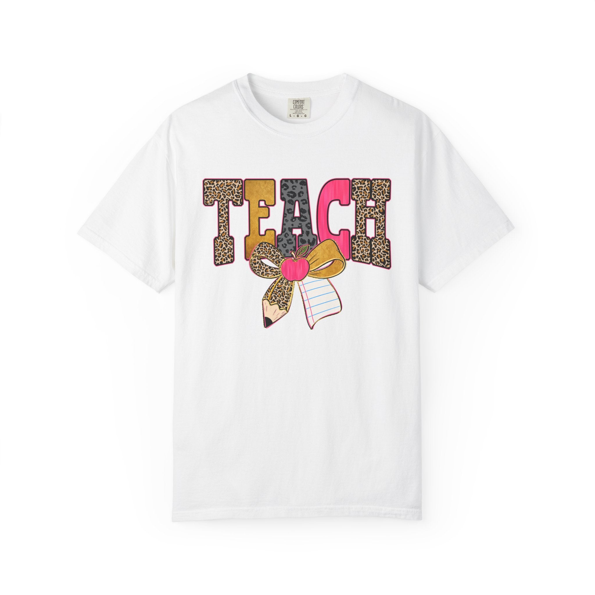 Teacher Graphic Tee — 'TEACH' Leopard Print Pencil Bow Design