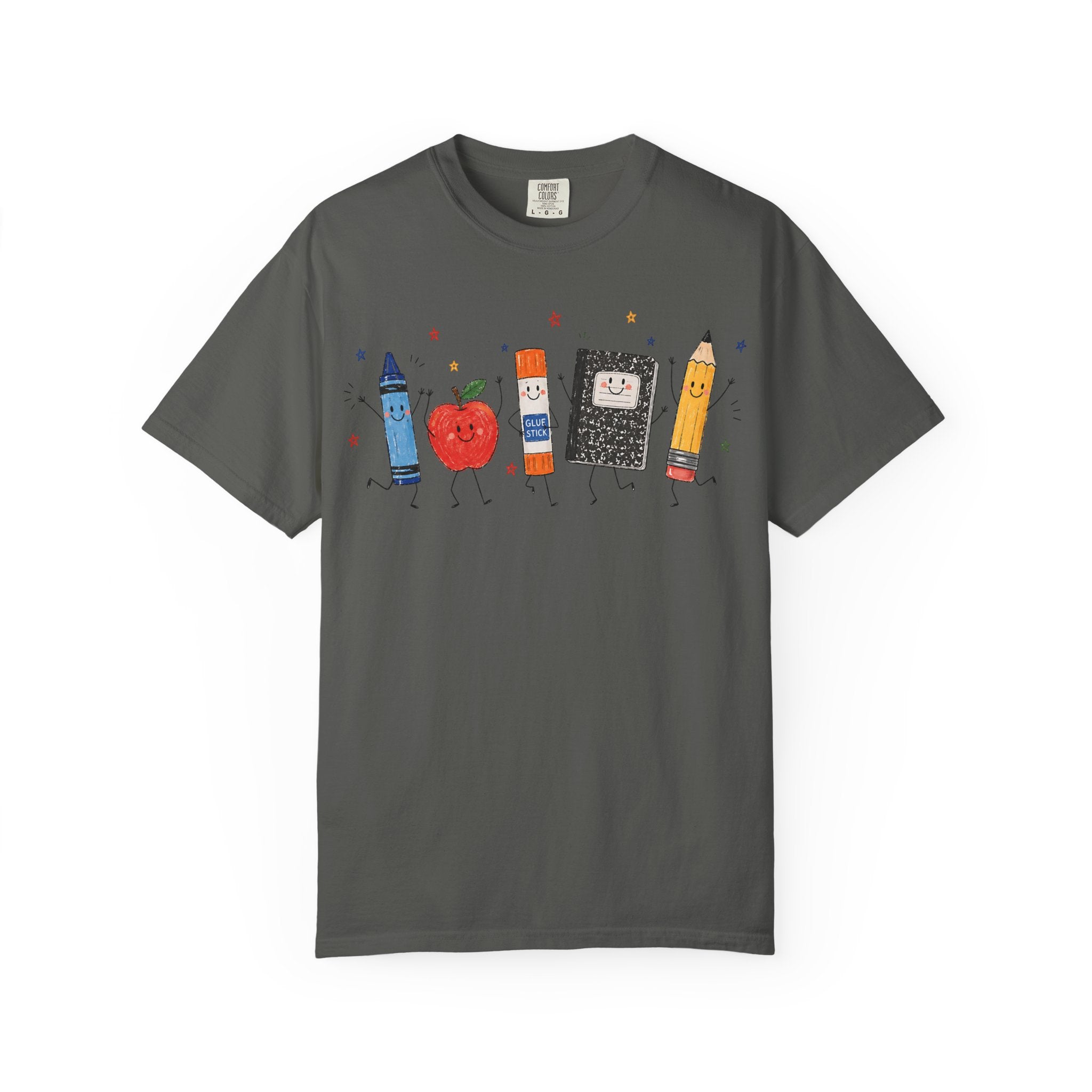 Cute School Supplies Teacher T-Shirt — Happy Apple, Crayon & Pencil Graphic Tee