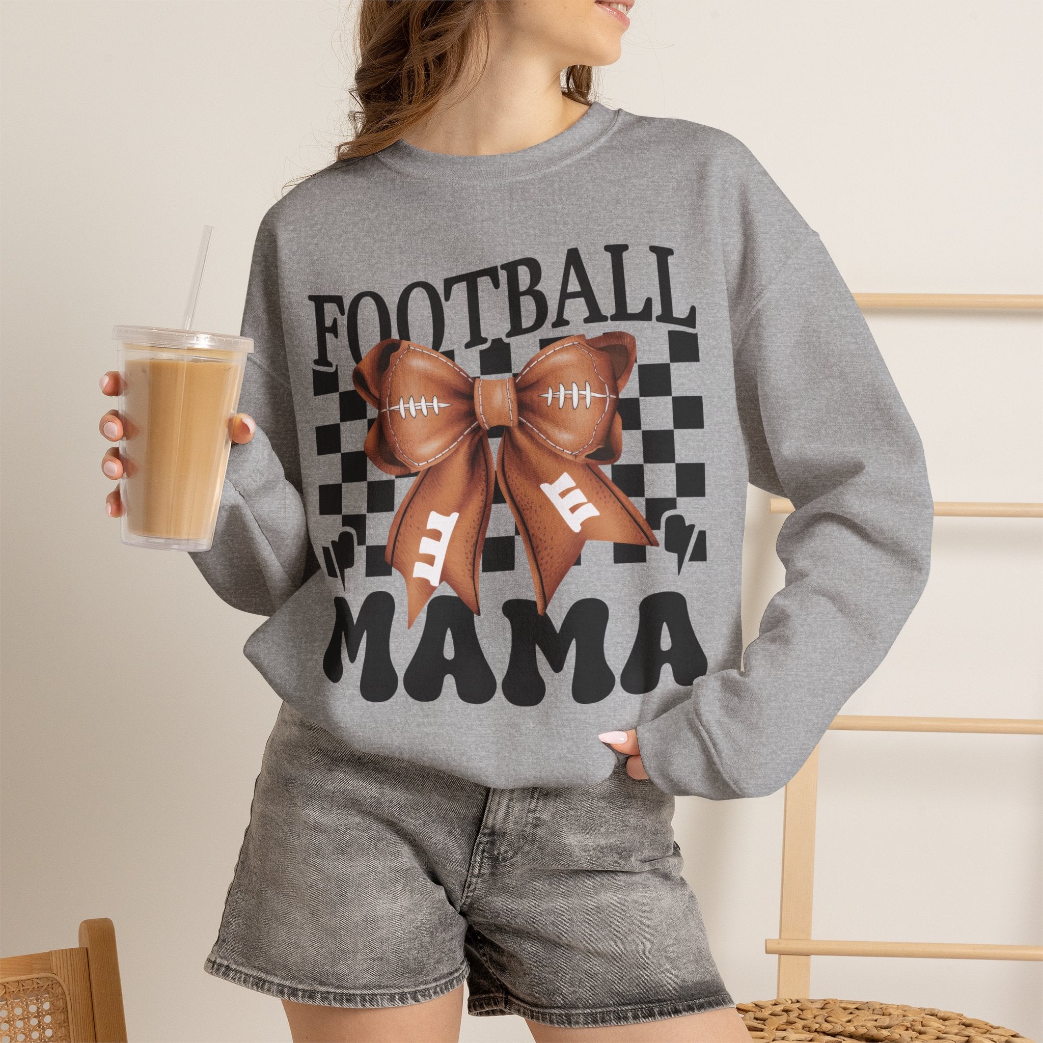 Football Mama Crewneck Sweatshirt — Retro Checkerboard Football Graphic
