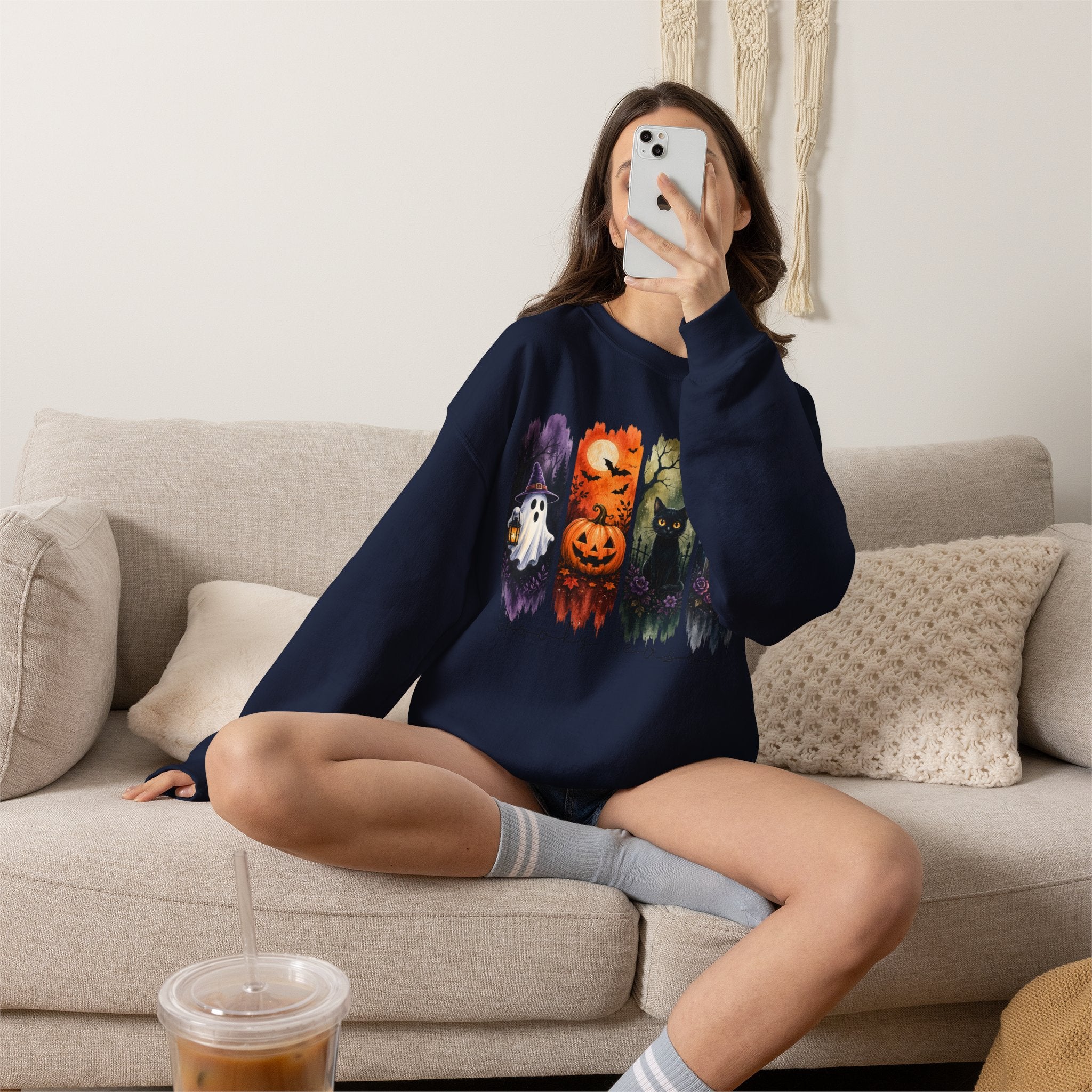 Halloween Seasons Crewneck Sweatshirt — Spooky Ghost, Jack-o'-Lantern & Haunted Night Design