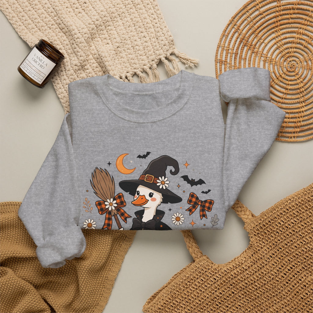Halloween Duck Witch Crewneck Sweatshirt — Cute Pumpkin & Cauldron Graphic