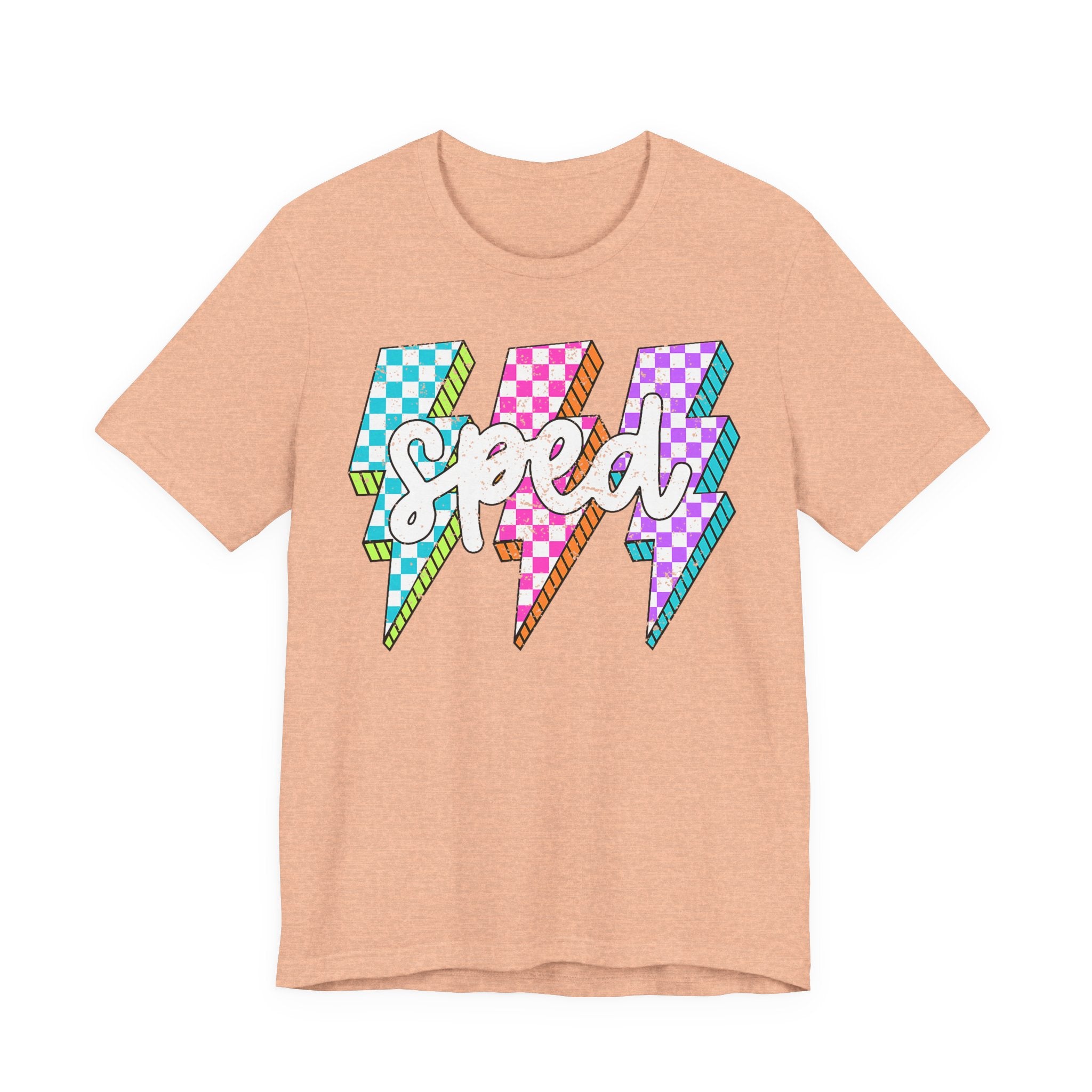 Speed Lightning Tee — Retro Checkerboard Bolt Graphic T-Shirt