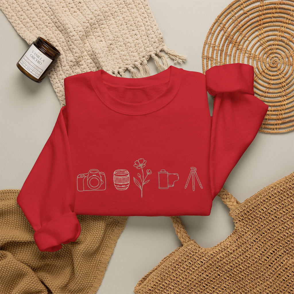 Photography Icons Crewneck Sweatshirt — Minimal Camera, Lens, Film & Tripod Design
