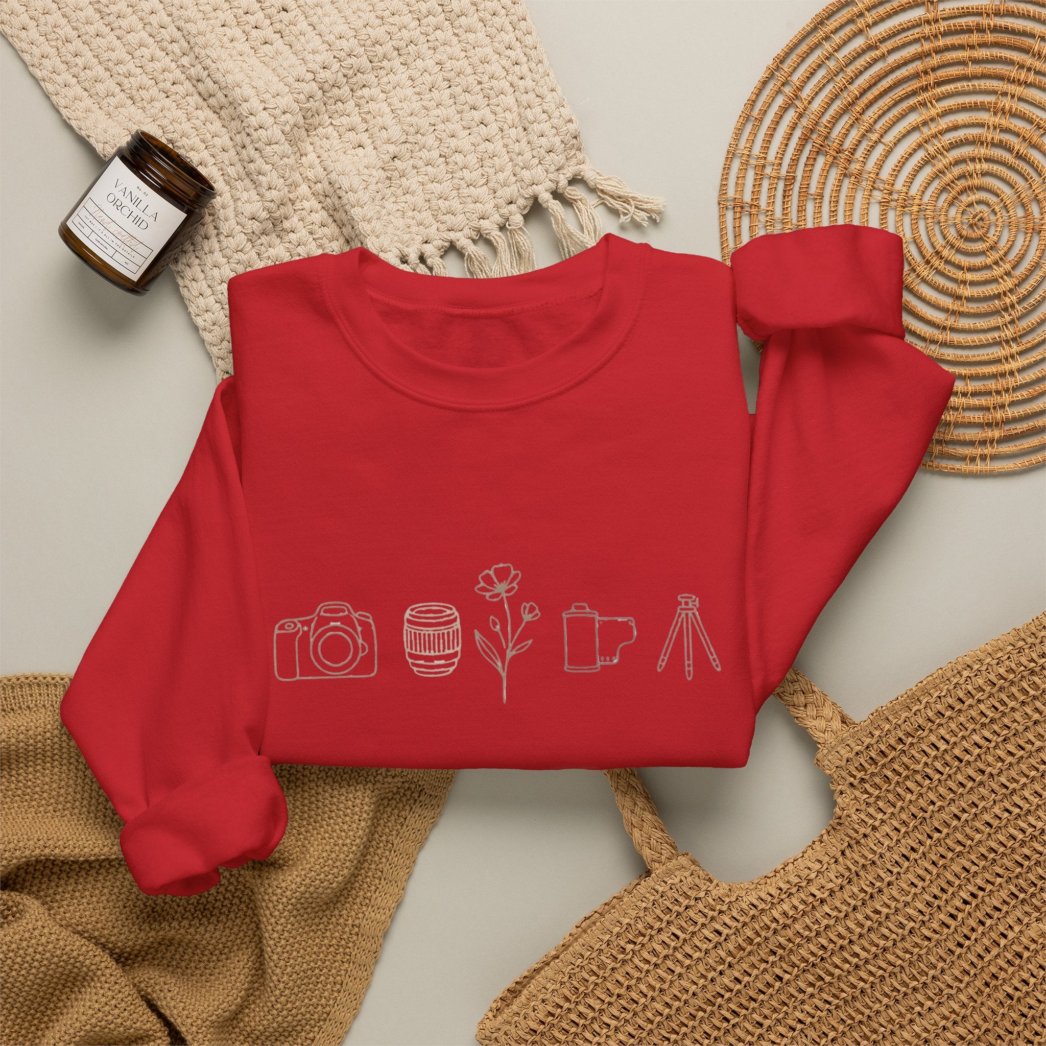 Photography Icons Crewneck Sweatshirt — Minimal Camera, Lens, Film & Tripod Design