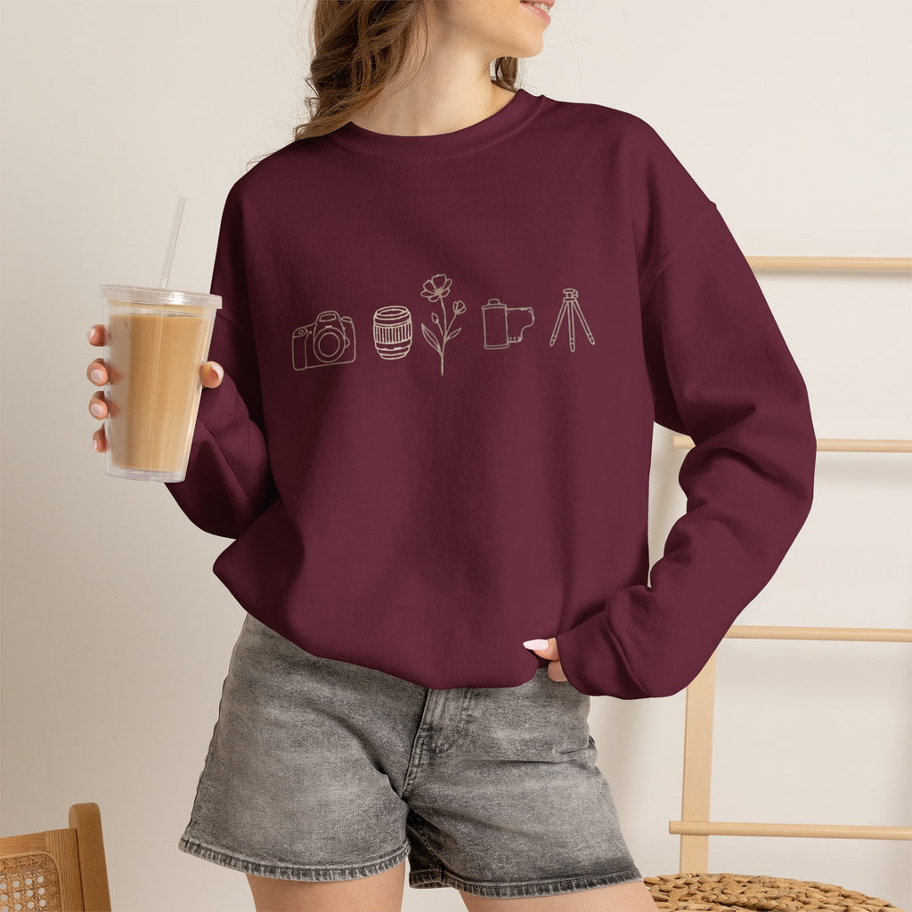Photography Icons Crewneck Sweatshirt — Minimal Camera, Lens, Film & Tripod Design