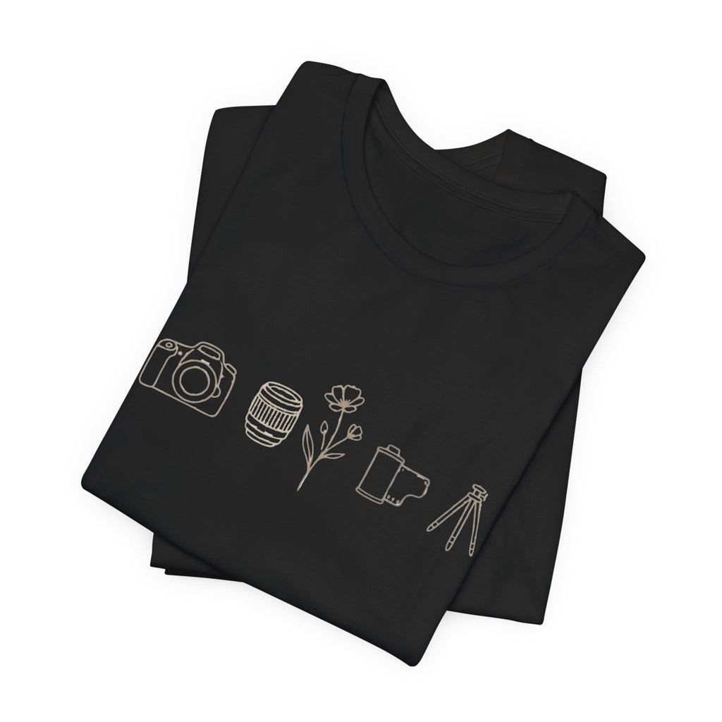 Photography Icons Tee — Minimal Camera, Film, Flower & Tripod Graphic Shirt
