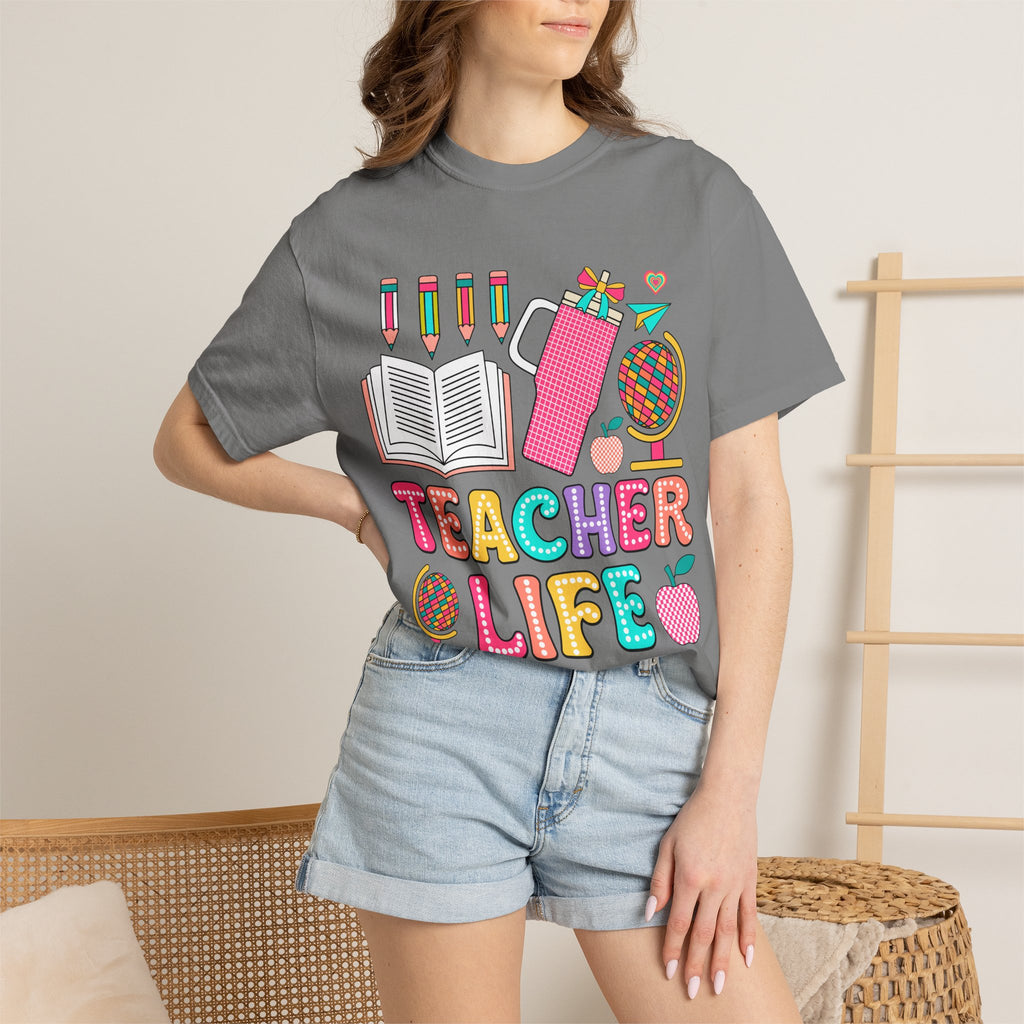 Teacher Life T-Shirt — Colorful School Supplies Graphic Tee