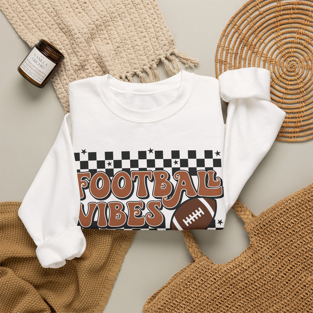Football Vibes Crewneck Sweatshirt — Retro Checkerboard Football Graphic