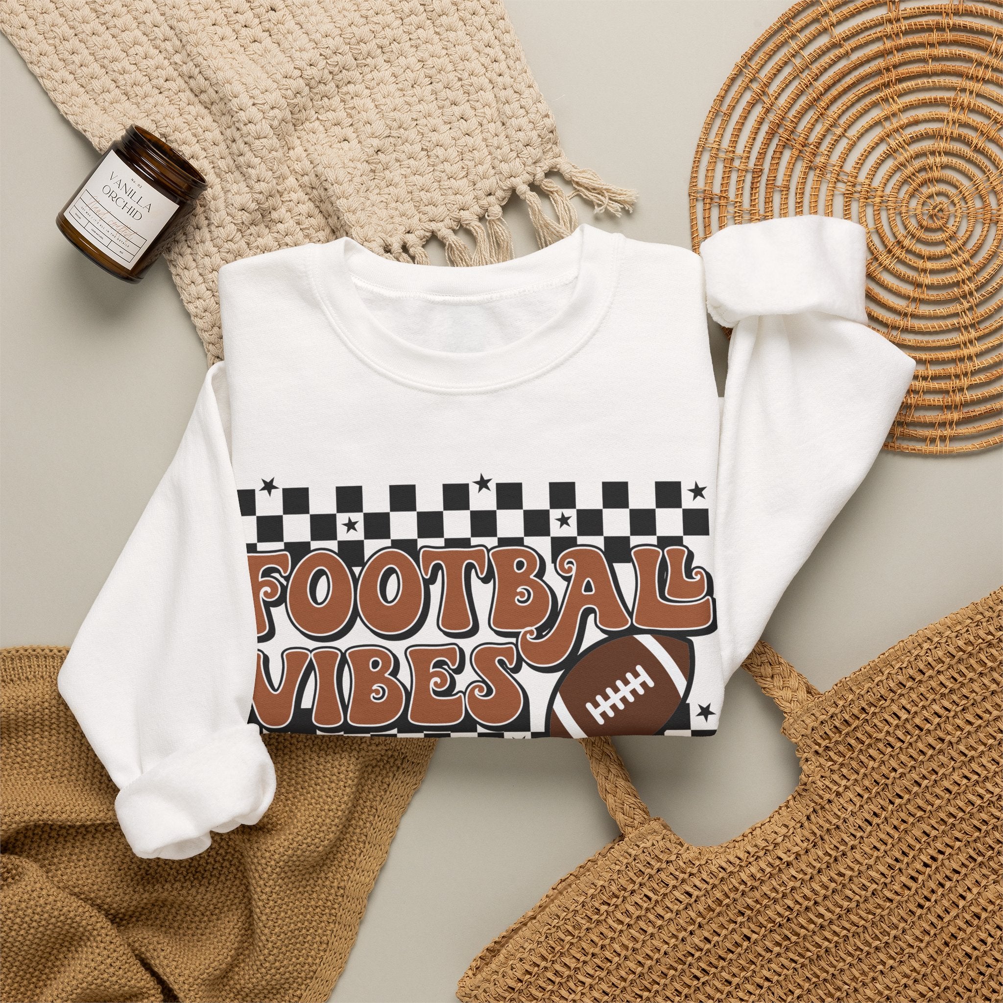 Football Vibes Crewneck Sweatshirt — Retro Checkerboard Football Graphic