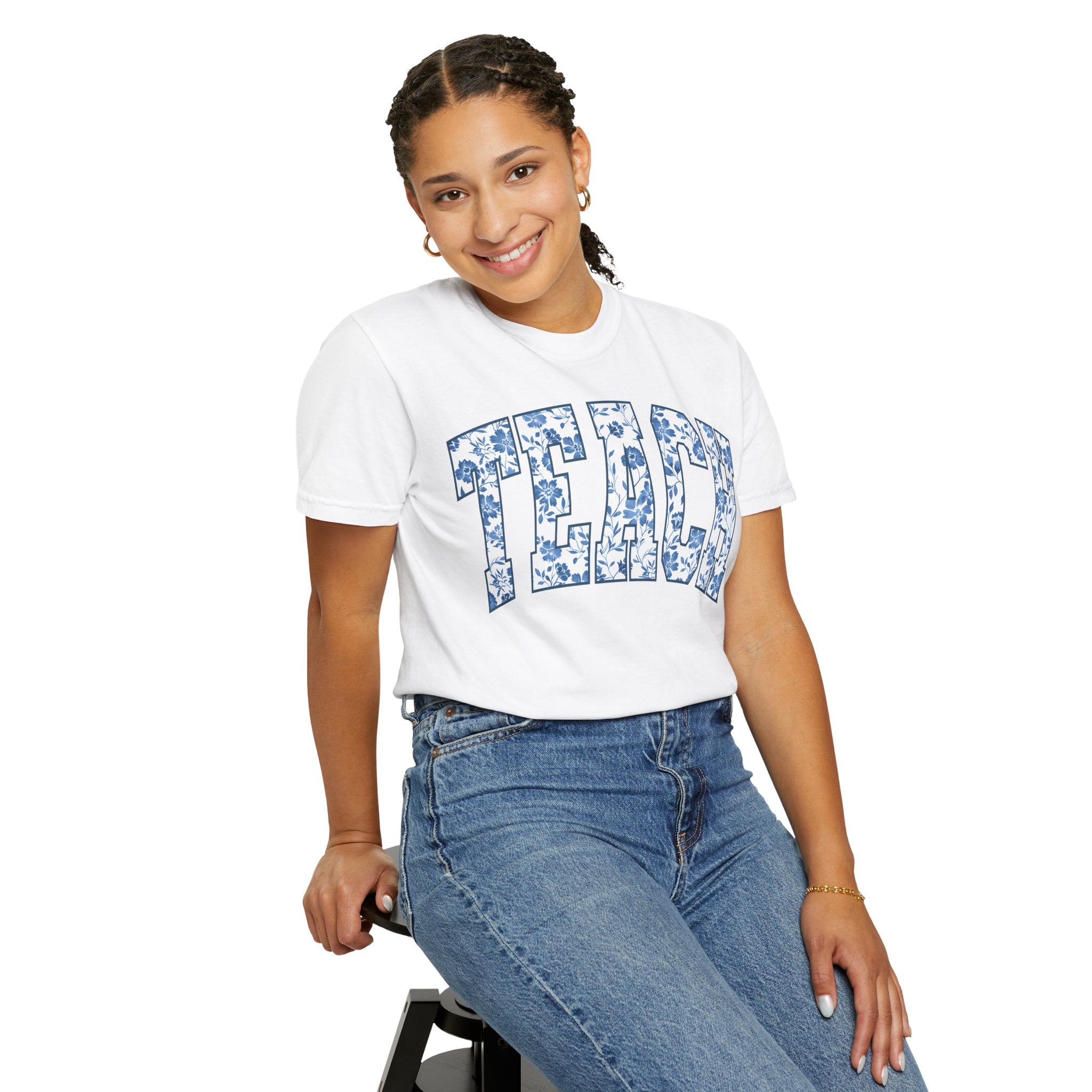 Teacher Floral Arch T-Shirt — 'TEACH' Blue Floral Print Tee