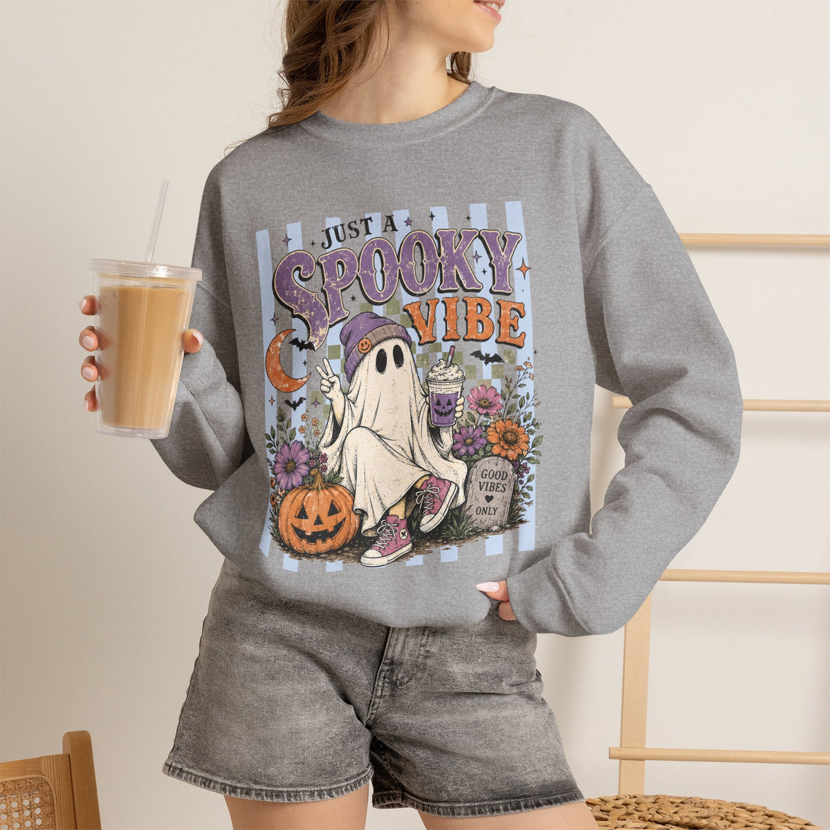 Spooky Vibe Crewneck Sweatshirt — Cute Halloween Ghost Pumpkin Graphic