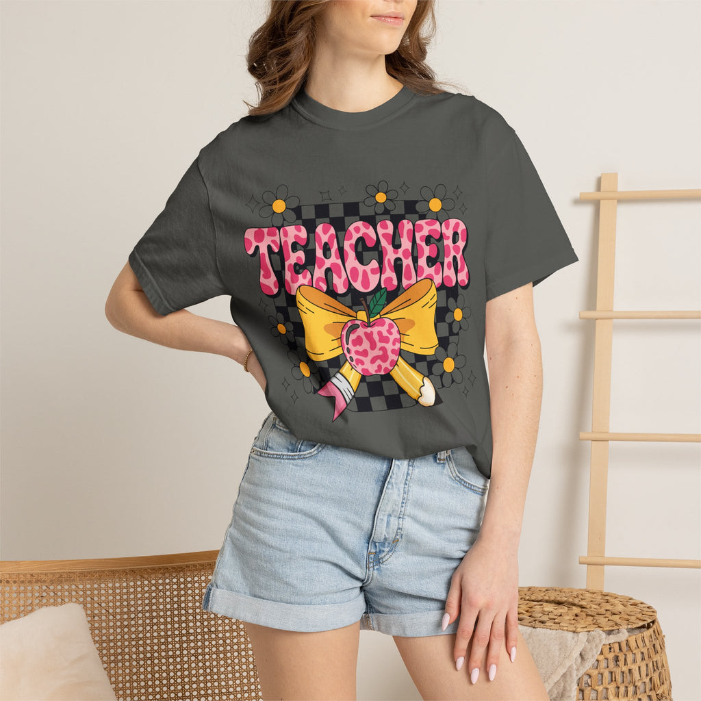 Teacher Floral Bow T‑Shirt — Cute Checkerboard & Heart Design for Educators