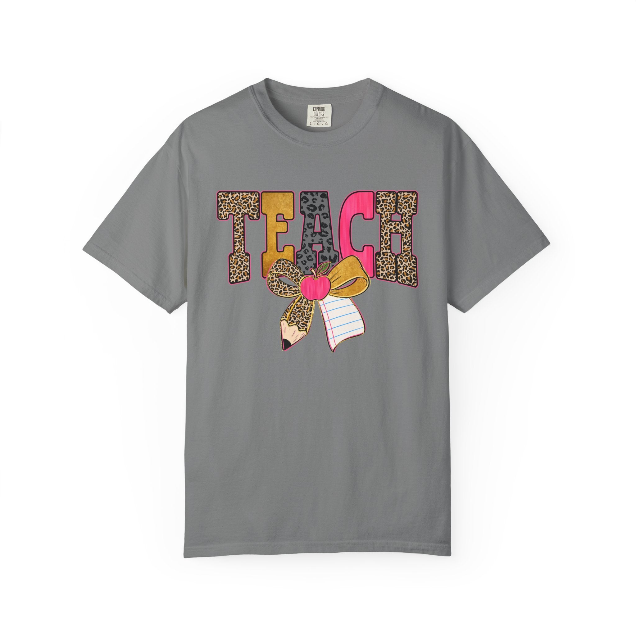 Teacher Graphic Tee — 'TEACH' Leopard Print Pencil Bow Design
