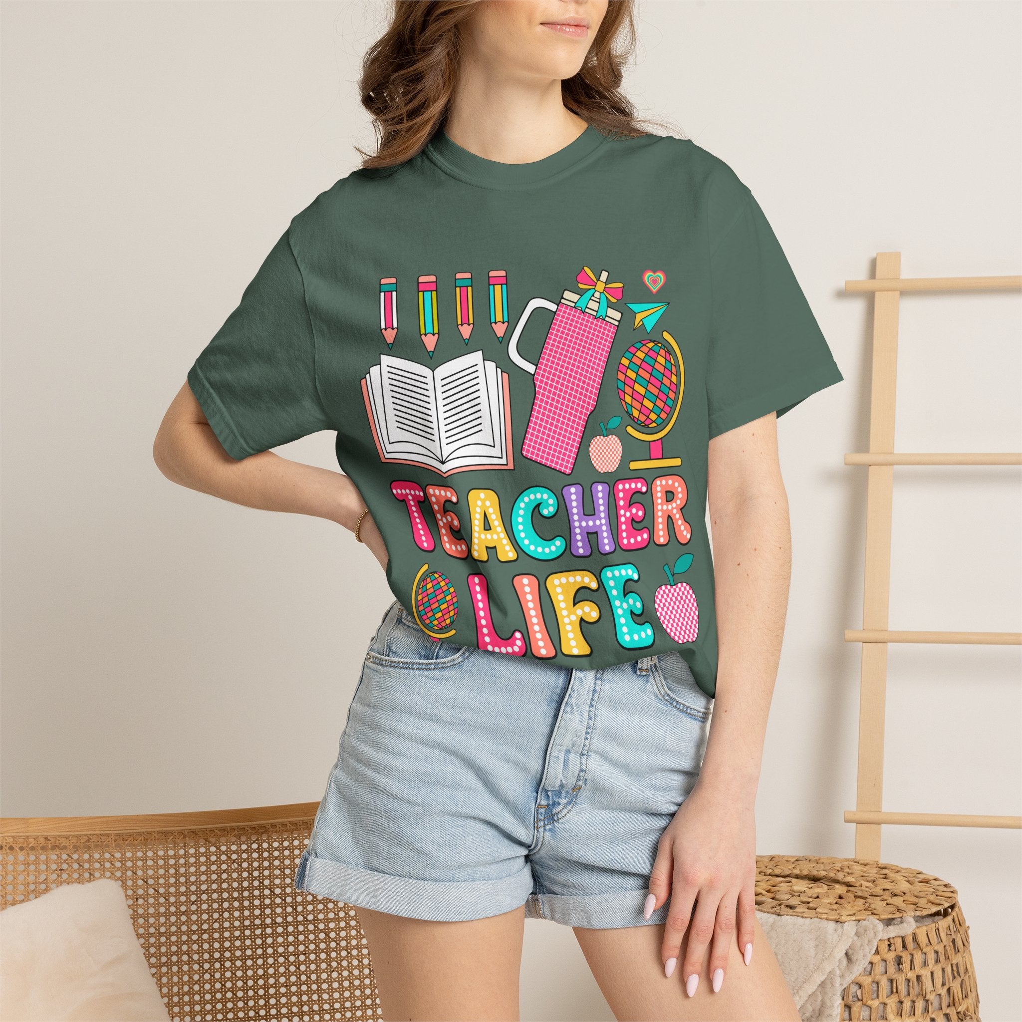 Teacher Life T-Shirt — Colorful School Supplies Graphic Tee