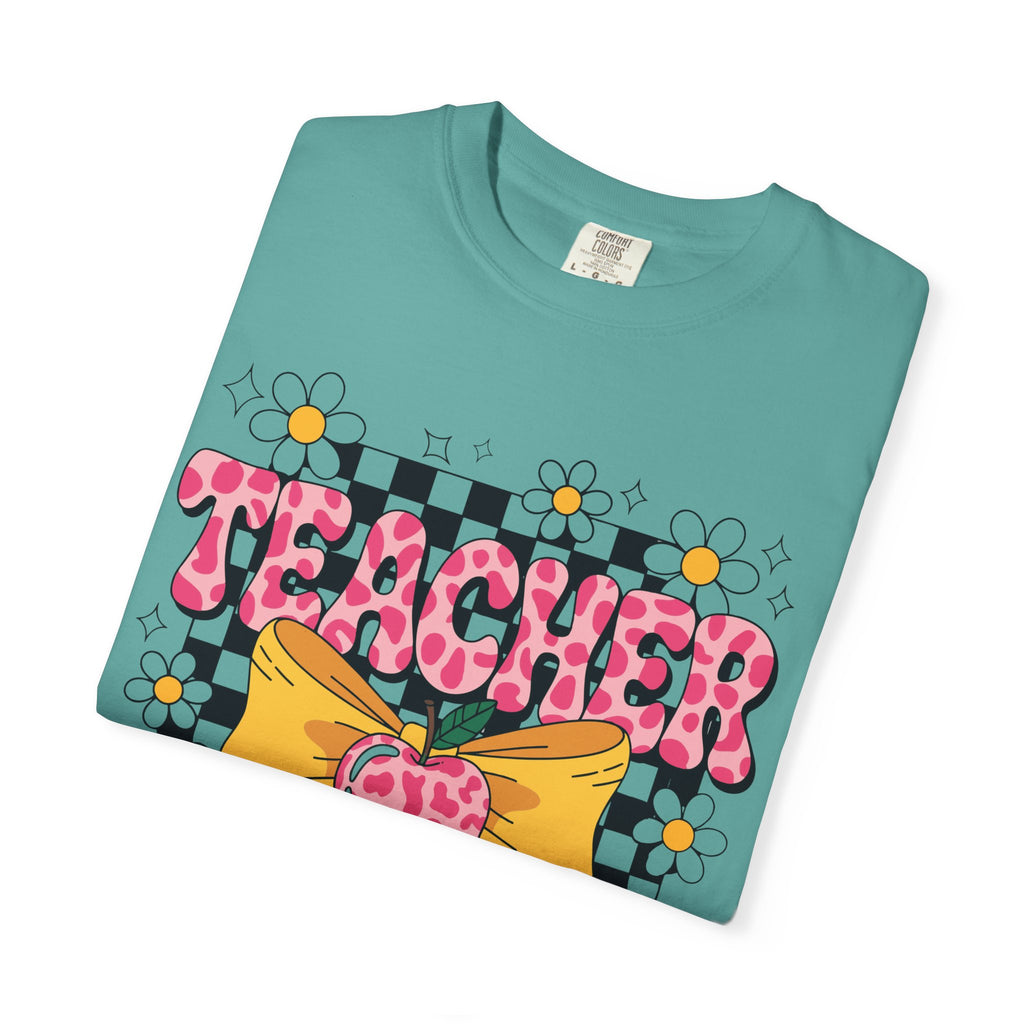 Teacher Floral Bow T‑Shirt — Cute Checkerboard & Heart Design for Educators
