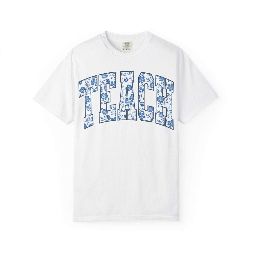 Teacher Floral Arch T-Shirt — 'TEACH' Blue Floral Print Tee