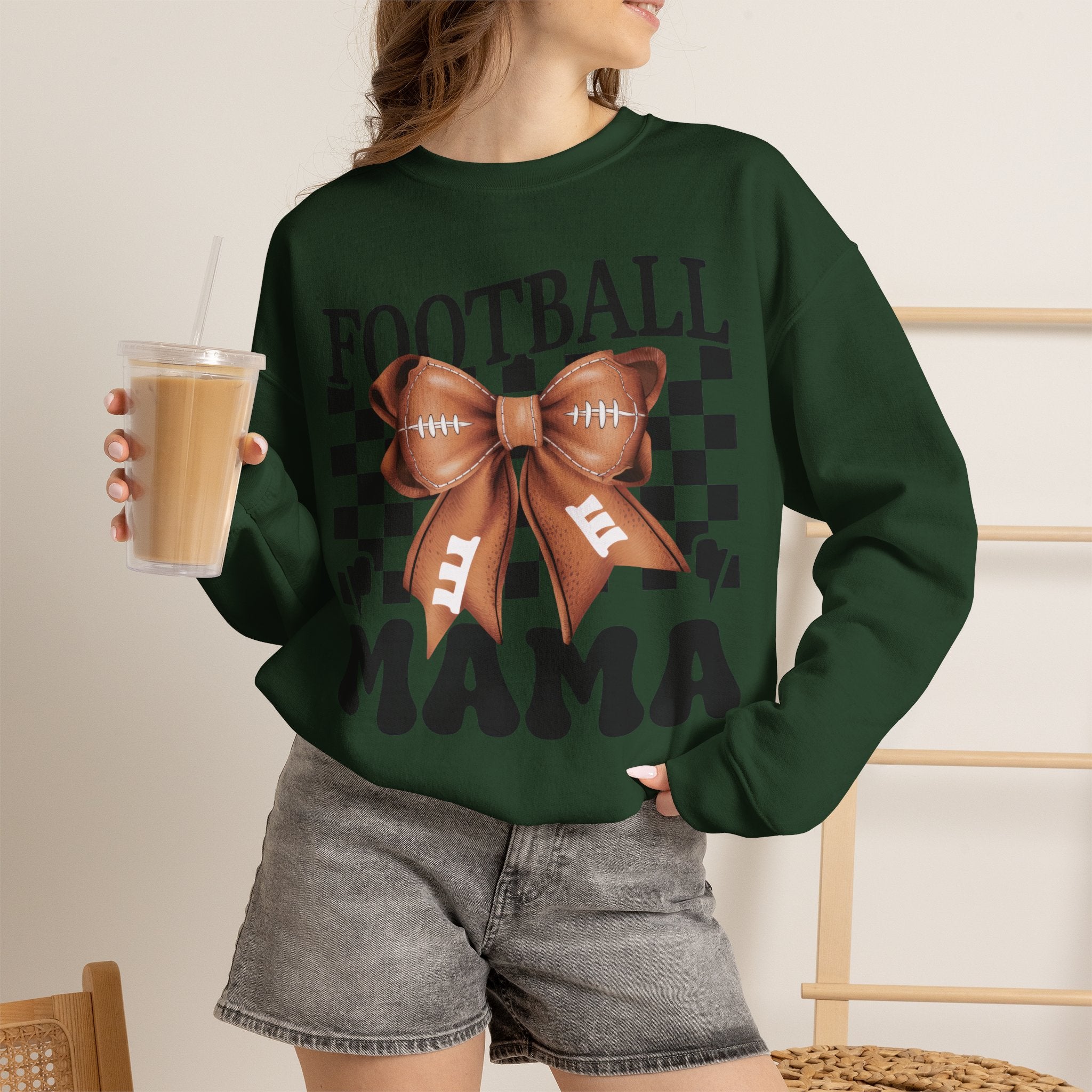 Football Mama Crewneck Sweatshirt — Retro Checkerboard Football Graphic