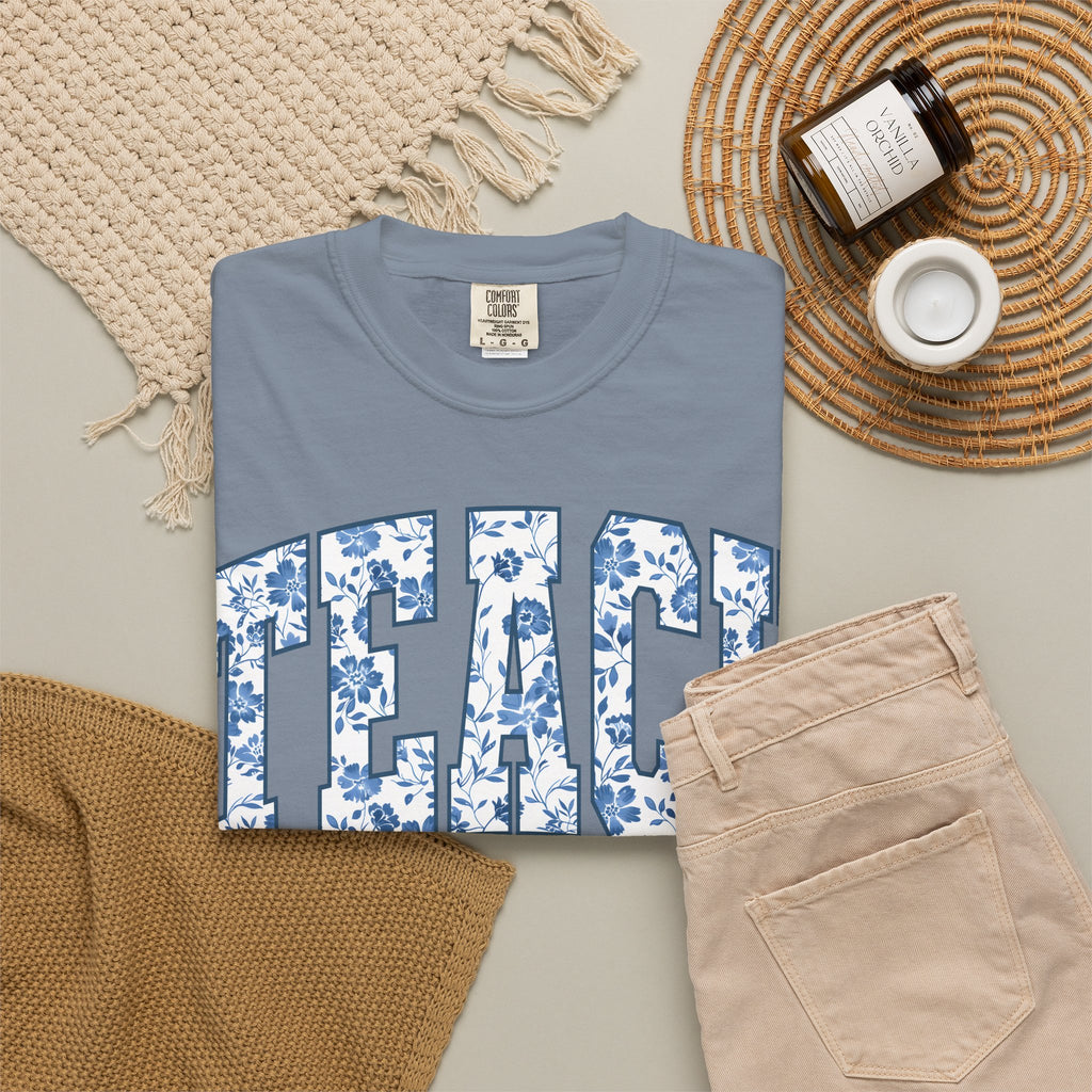 Teacher Floral Arch T-Shirt — 'TEACH' Blue Floral Print Tee