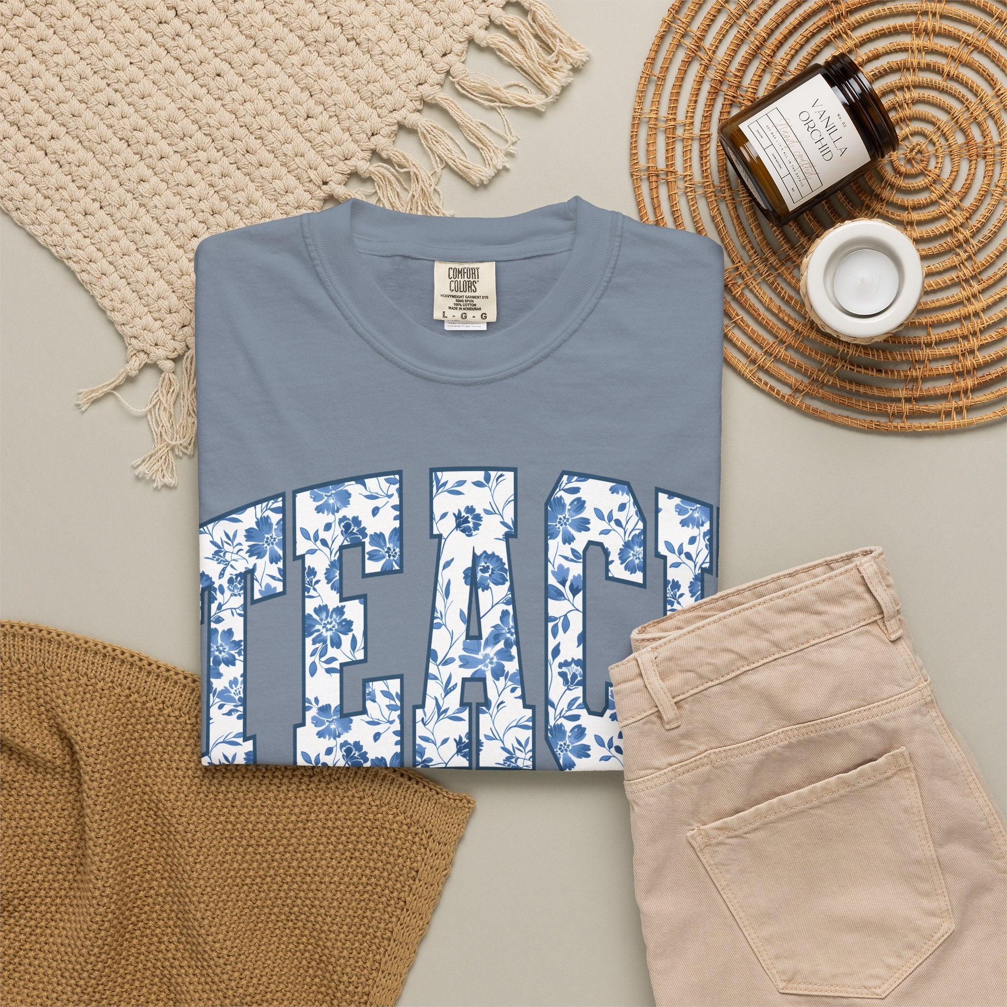 Teacher Floral Arch T-Shirt — 'TEACH' Blue Floral Print Tee