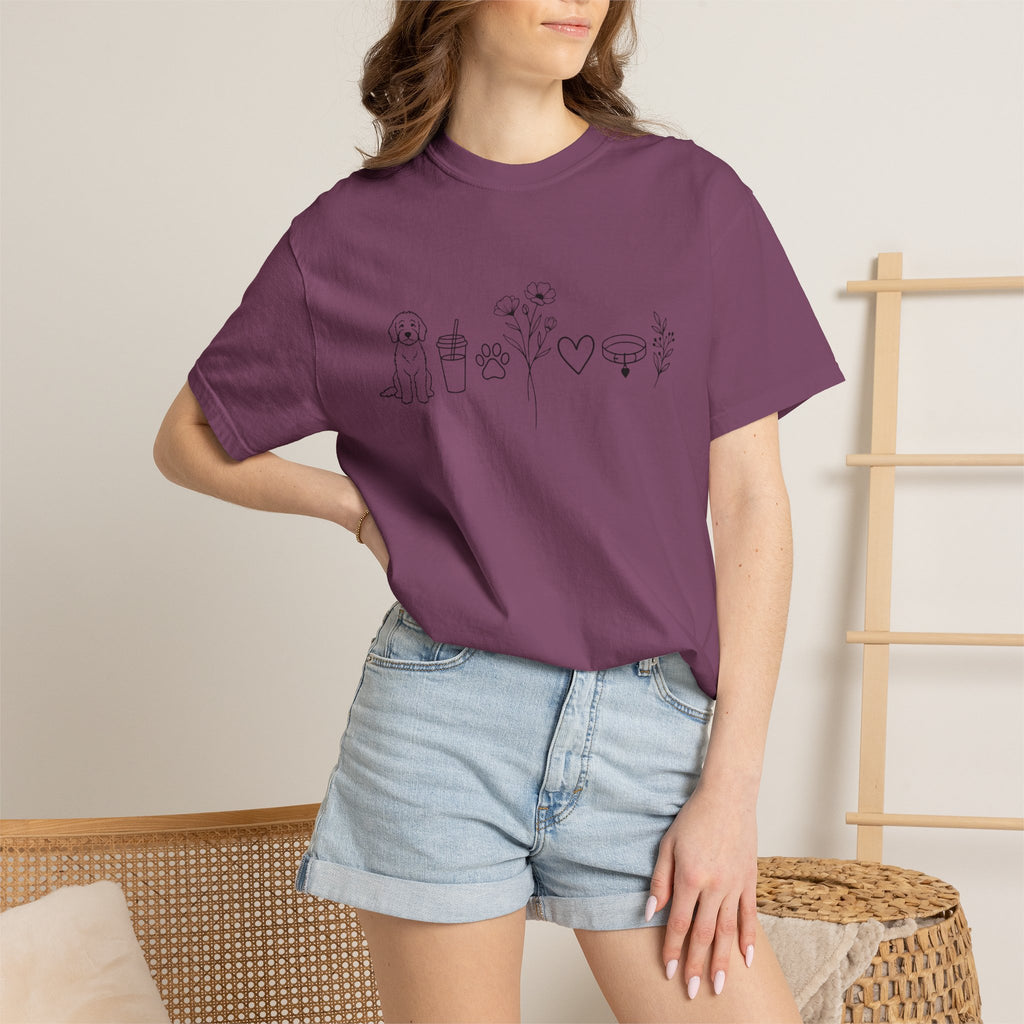 Minimal Doodle and Floral Icons T-Shirt — Coffee, Plants & Dog Line Art Tee