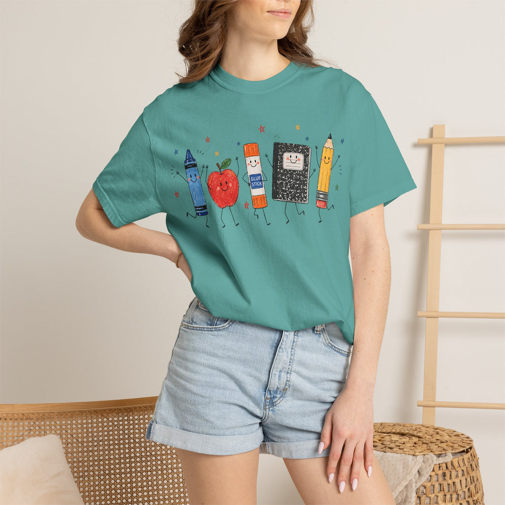 Cute School Supplies Teacher T-Shirt — Happy Apple, Crayon & Pencil Graphic Tee