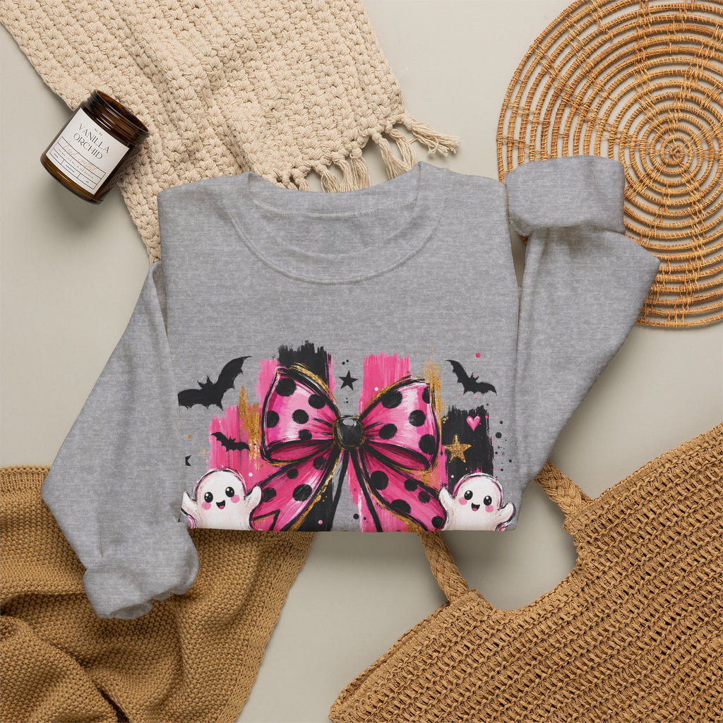 Halloween Pink Pumpkins Crewneck Sweatshirt — Cute Ghosts & Polka Dot Bow Design