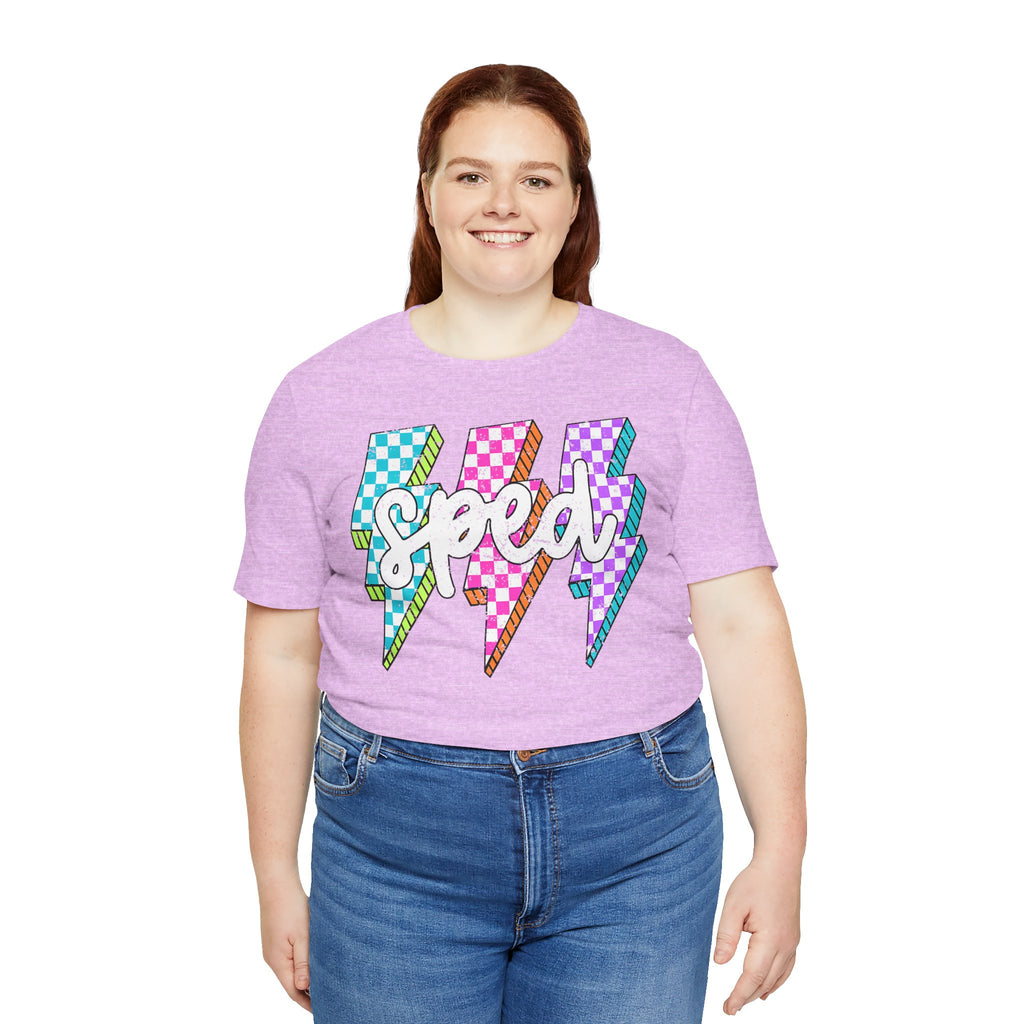 Speed Lightning Tee — Retro Checkerboard Bolt Graphic T-Shirt