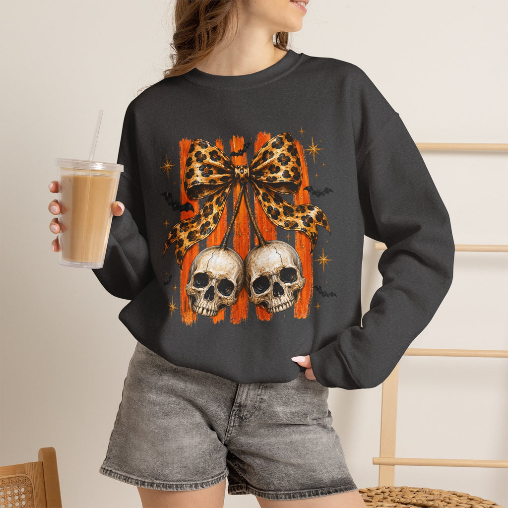 Skull Bow Sweatshirt — Leopard Bow Halloween Crewneck