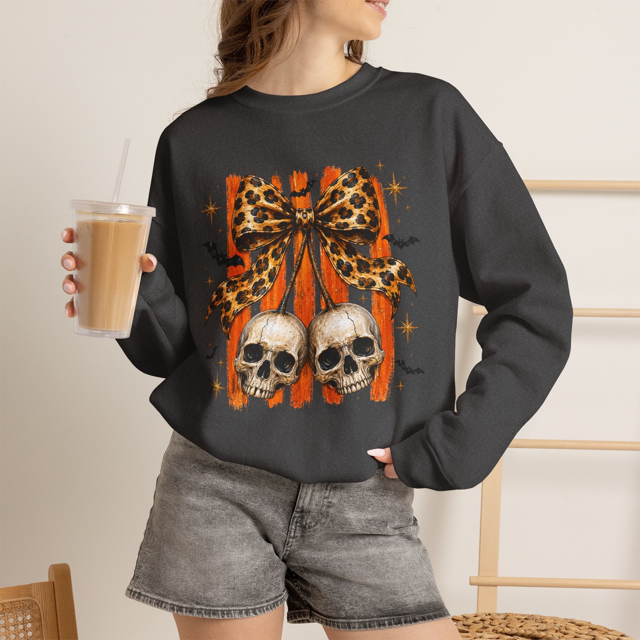 Skull Bow Sweatshirt — Leopard Bow Halloween Crewneck