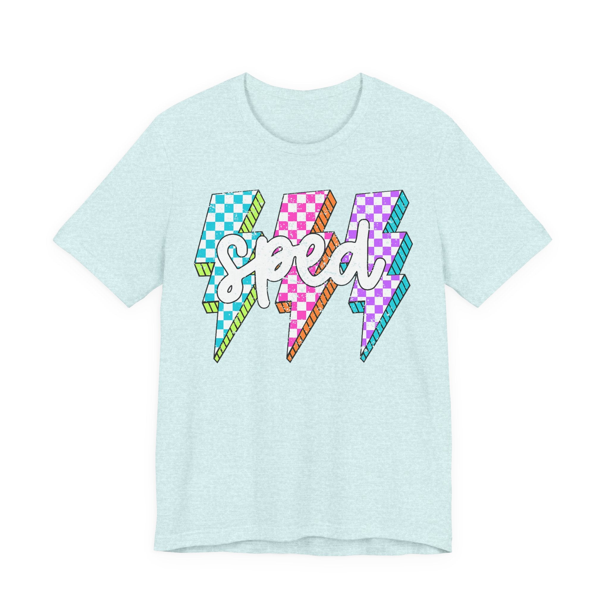 Speed Lightning Tee — Retro Checkerboard Bolt Graphic T-Shirt