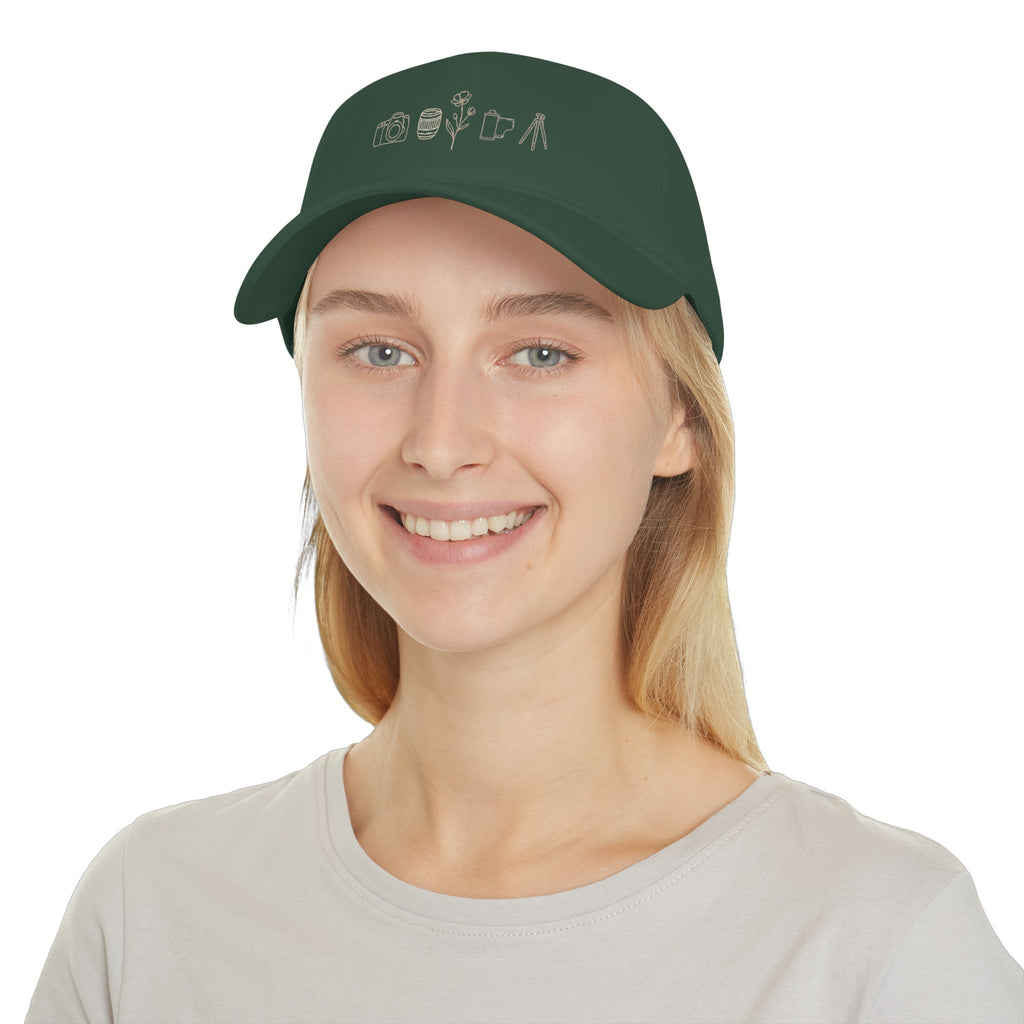 Photographer Icons Low Profile Baseball Cap — Camera, Lens, Tripod Design