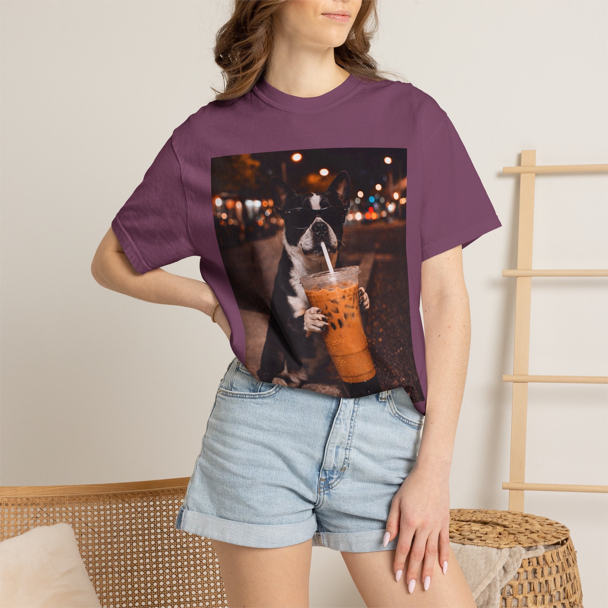 Boston Terrier Sipping Iced Coffee T-Shirt — Cute Dog Photo Tee