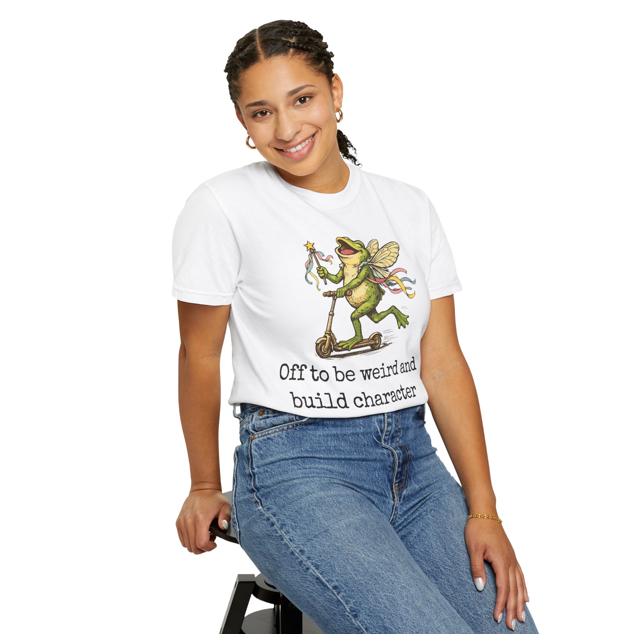 Frog Fairy T-Shirt — "Off to be weird and build character" Cute Whimsical Graphic Tee