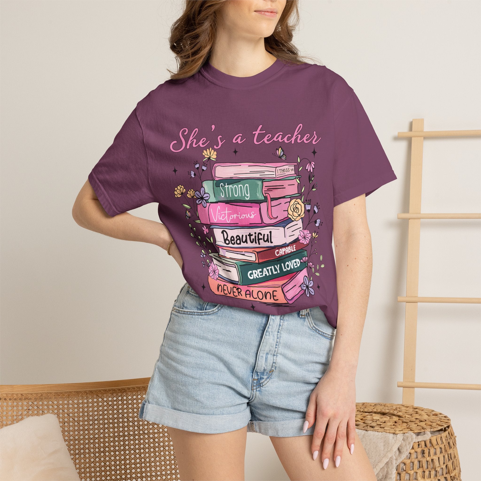 Teacher Appreciation T-Shirt — "She's a Teacher" Floral Stack Design