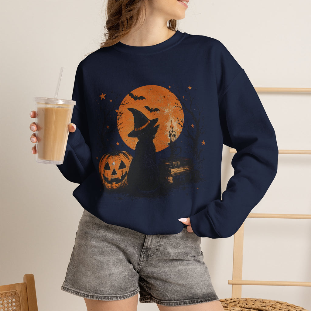 Crewneck Sweatshirt — Halloween Cat Witch Moon Graphic