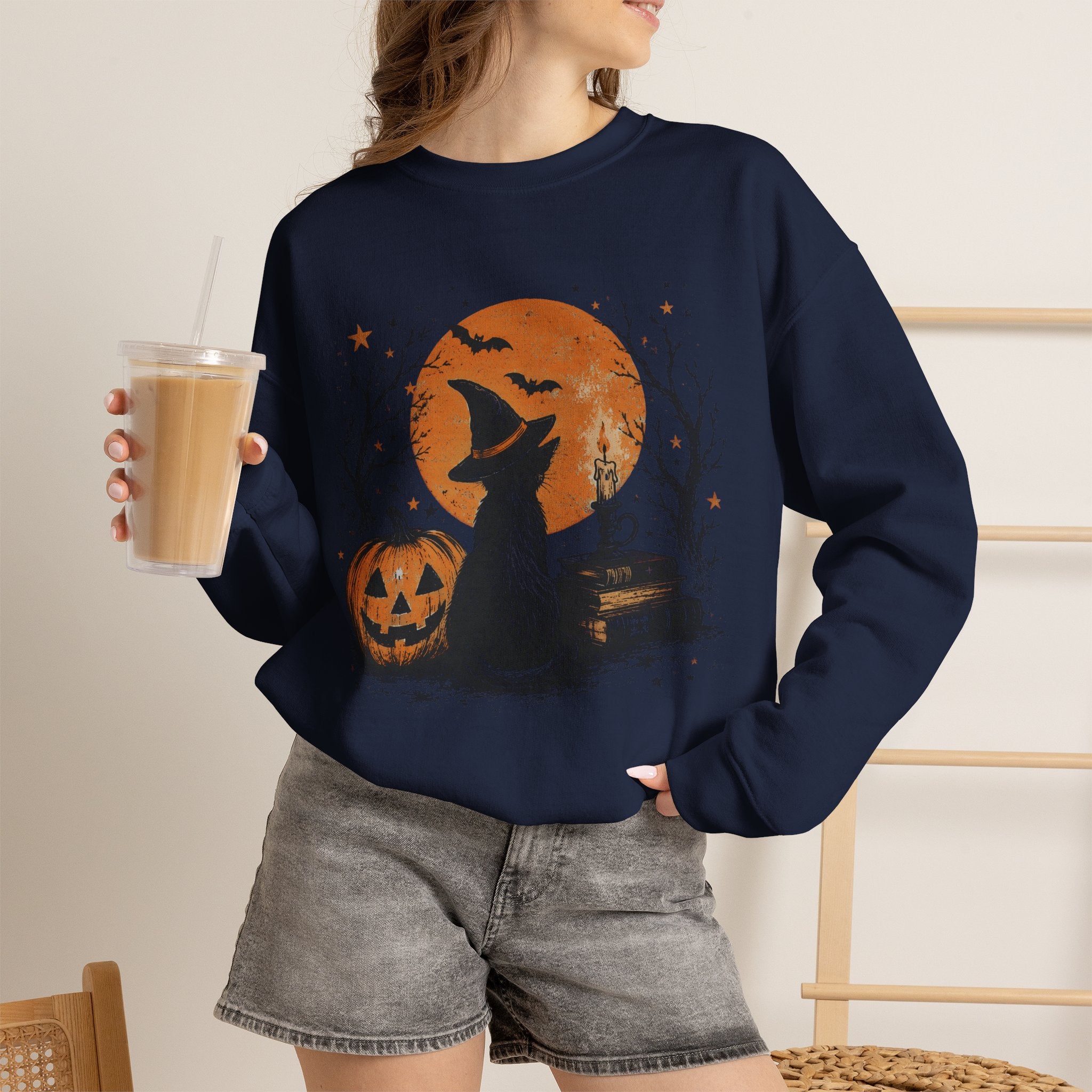 Crewneck Sweatshirt — Halloween Cat Witch Moon Graphic