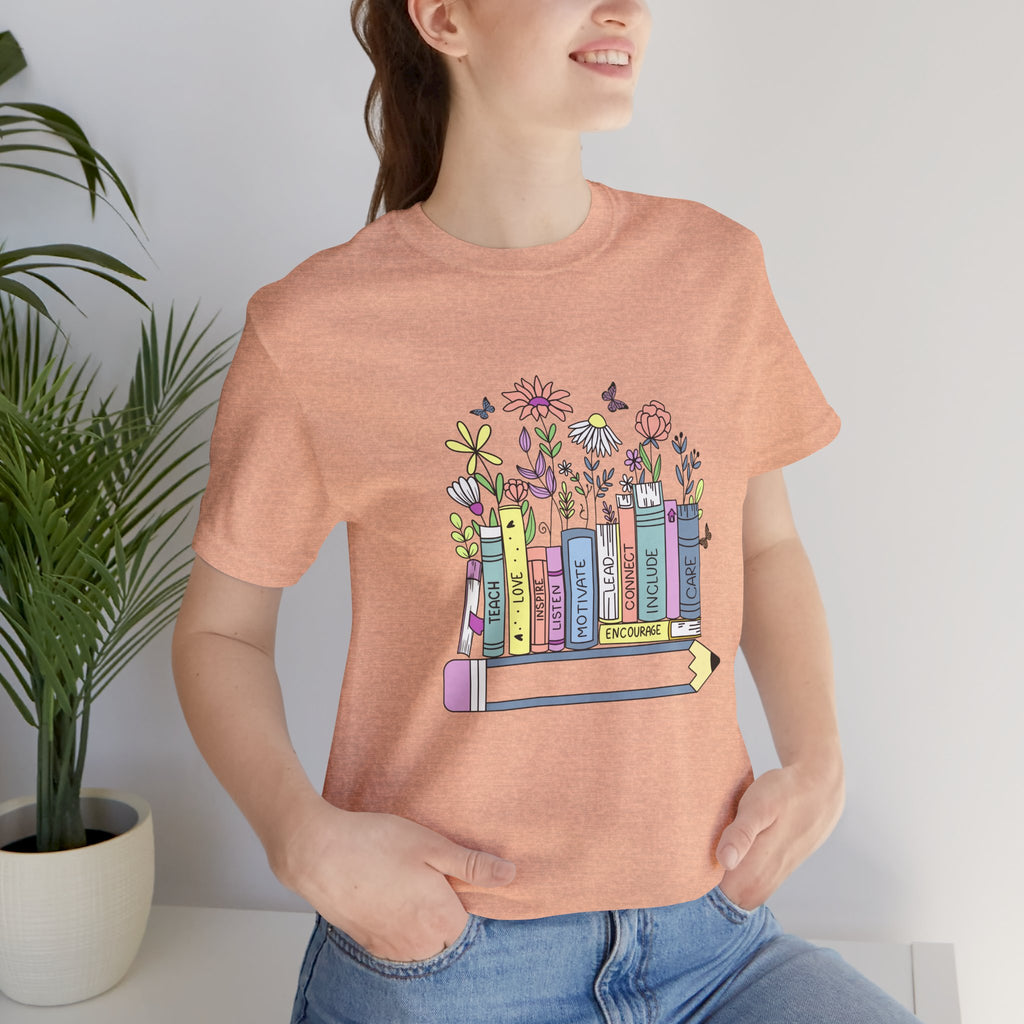 Book Lover T‑Shirt — Teacher Floral Books & Pencil Illustration Tee