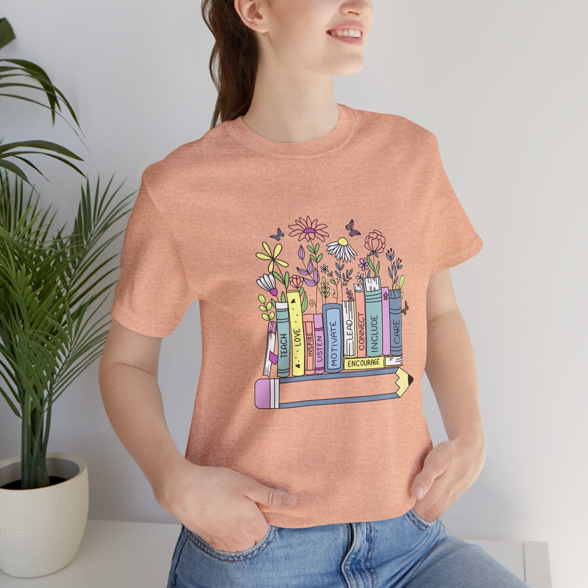 Book Lover T‑Shirt — Teacher Floral Books & Pencil Illustration Tee