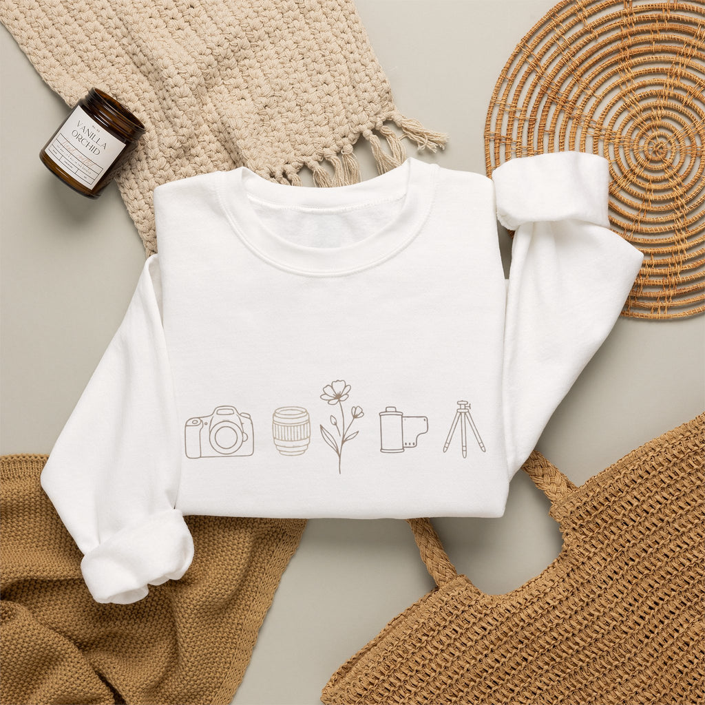 Photography Icons Crewneck Sweatshirt — Minimal Camera, Lens, Film & Tripod Design