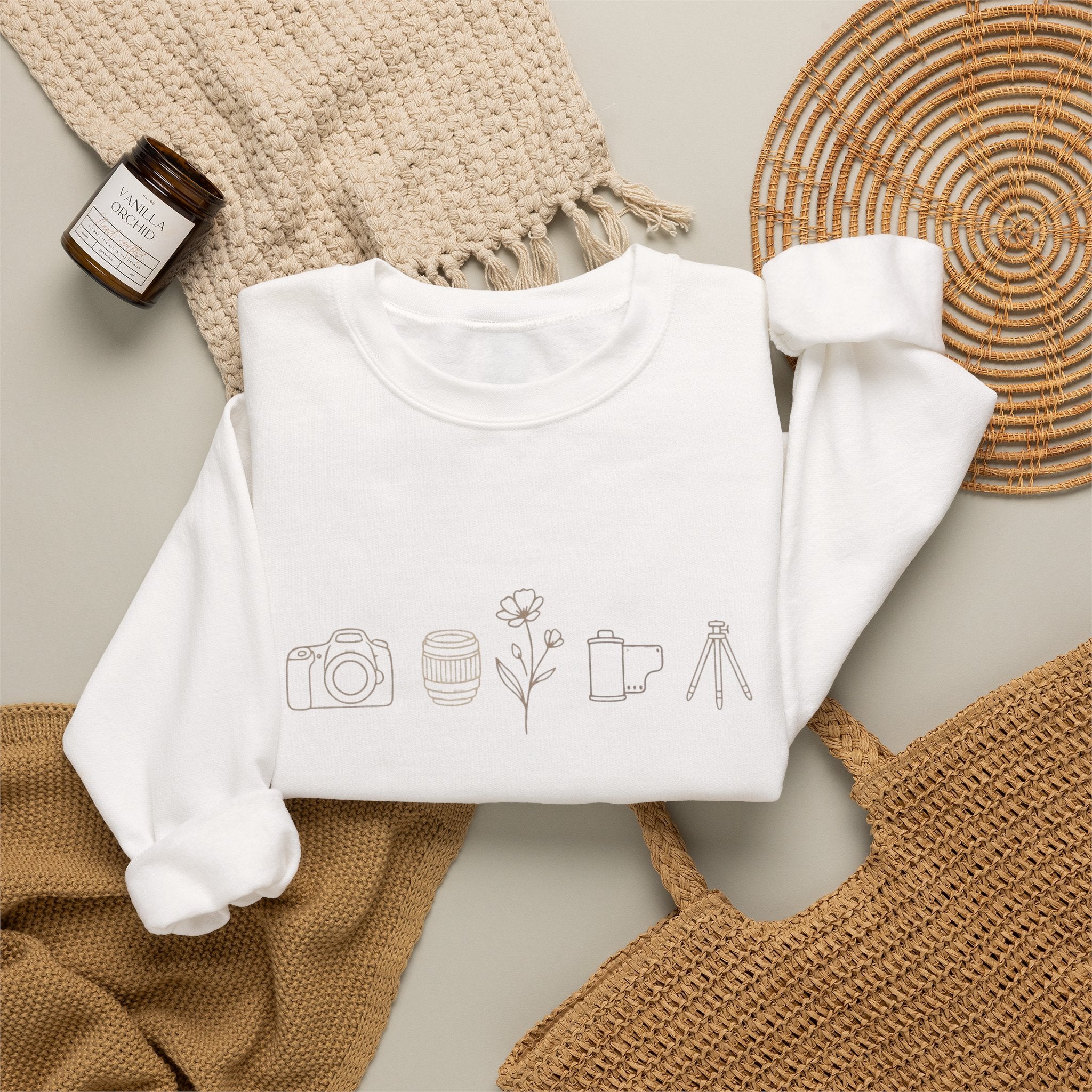 Photography Icons Crewneck Sweatshirt — Minimal Camera, Lens, Film & Tripod Design