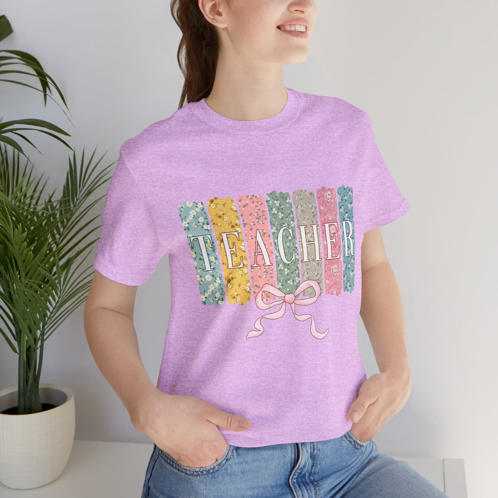Teacher Floral Stripe T-Shirt - Pastel Ribbon Classroom Gift