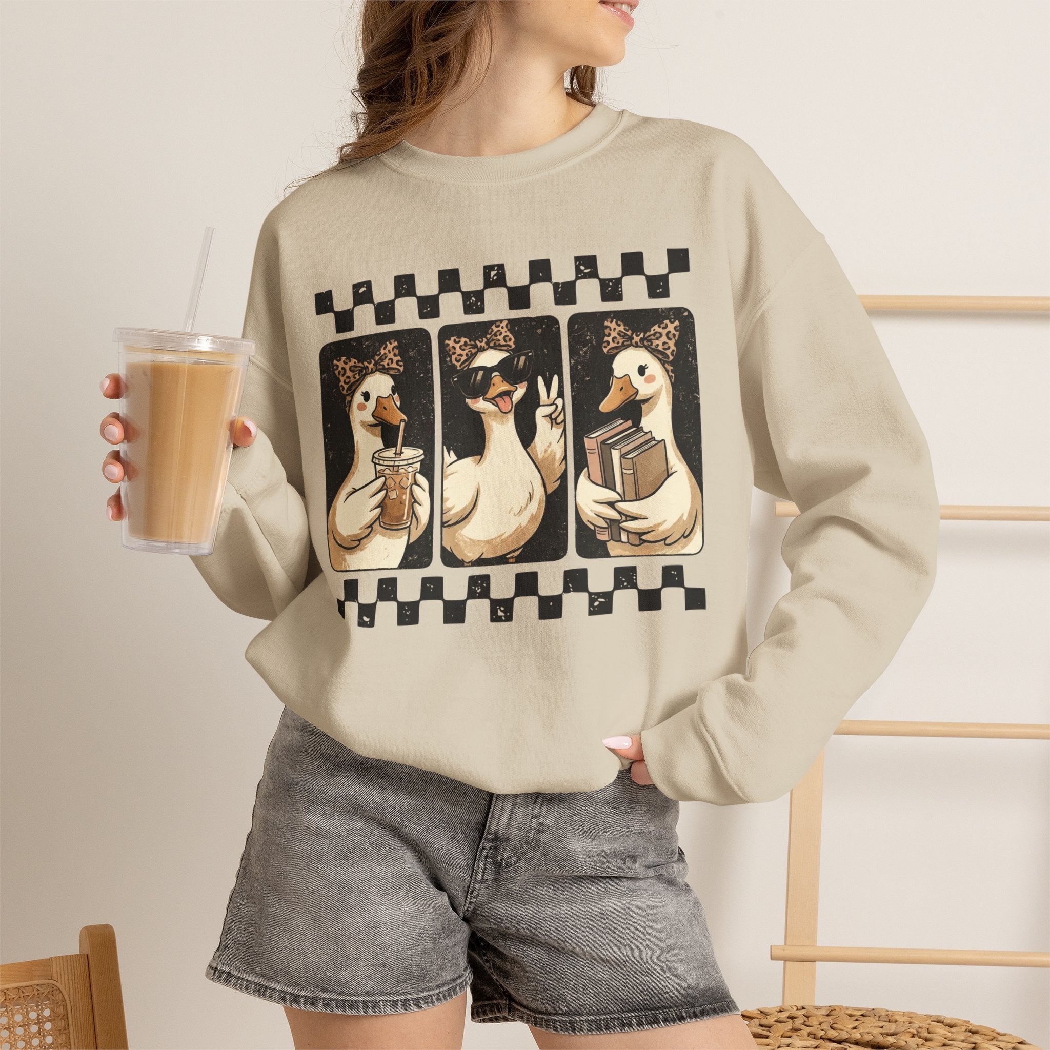 Duck Trio Crewneck Sweatshirt — Vintage Checkered Retro Goose Illustration