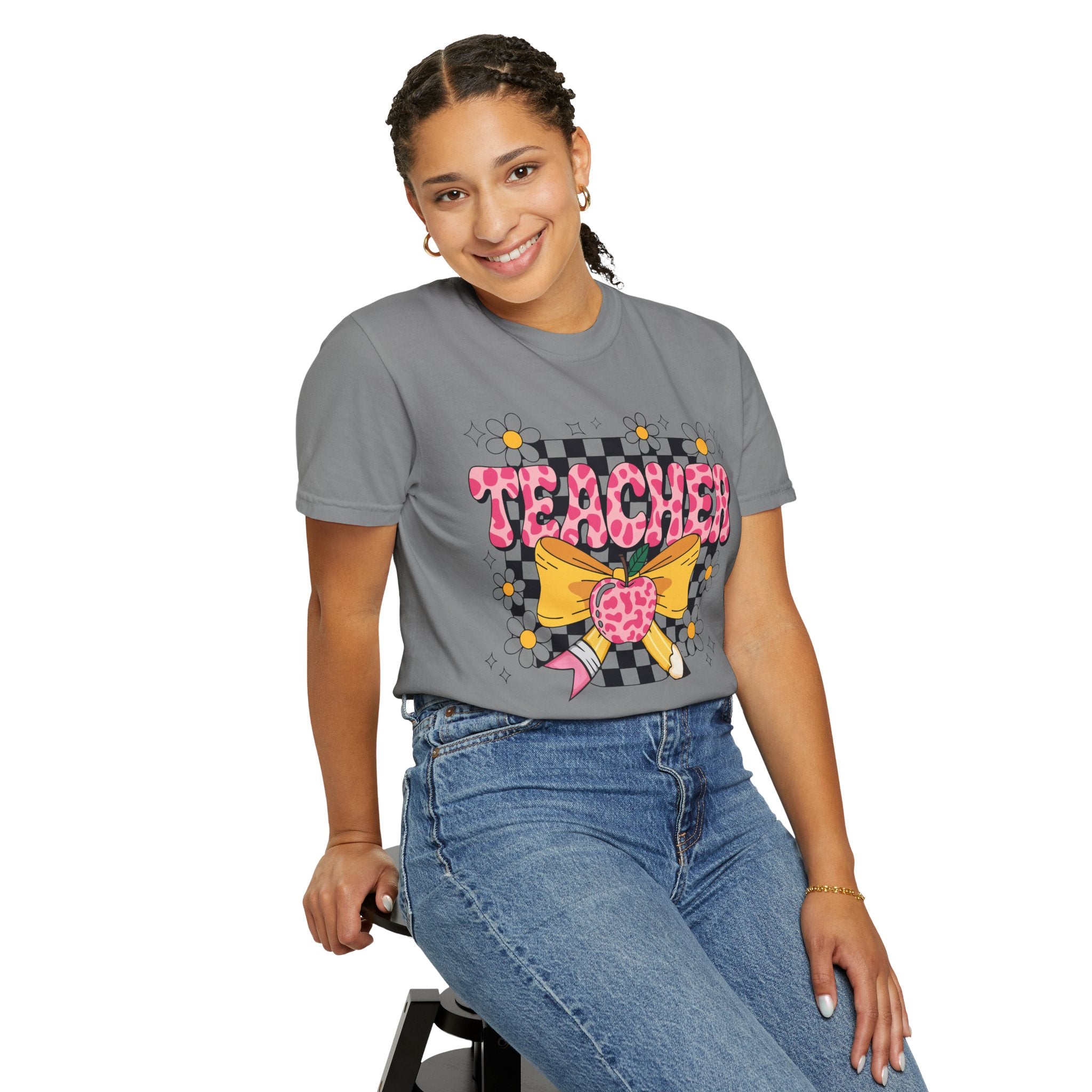 Teacher Floral Bow T‑Shirt — Cute Checkerboard & Heart Design for Educators