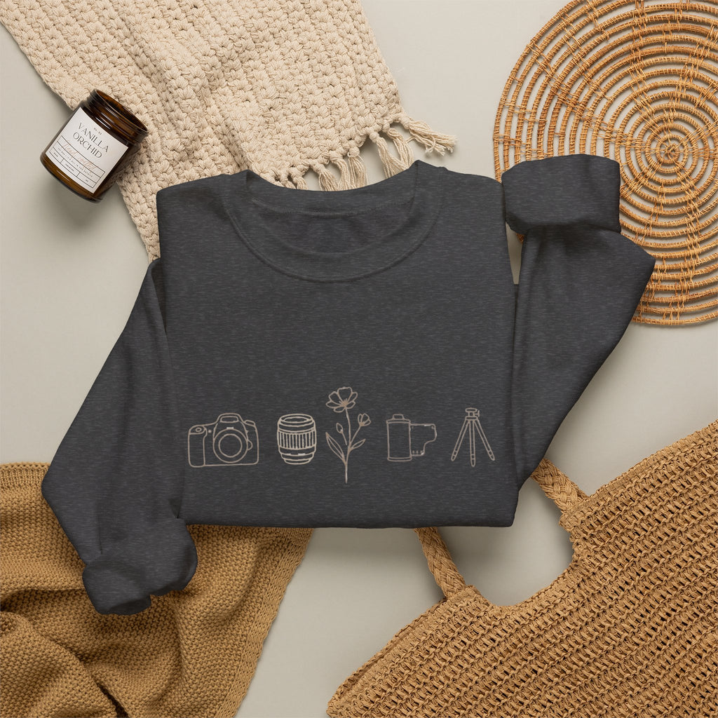 Photography Icons Crewneck Sweatshirt — Minimal Camera, Lens, Film & Tripod Design