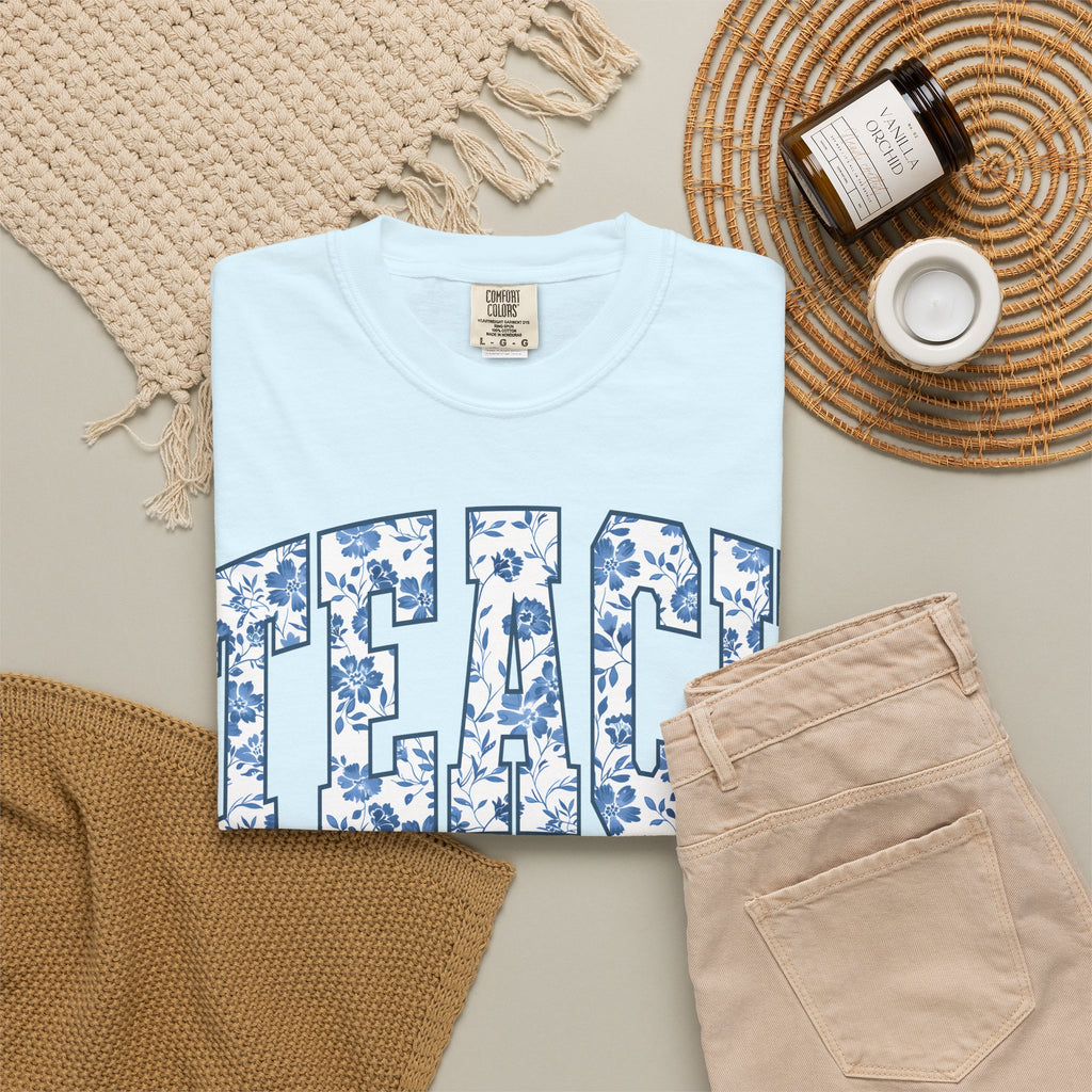 Teacher Floral Arch T-Shirt — 'TEACH' Blue Floral Print Tee