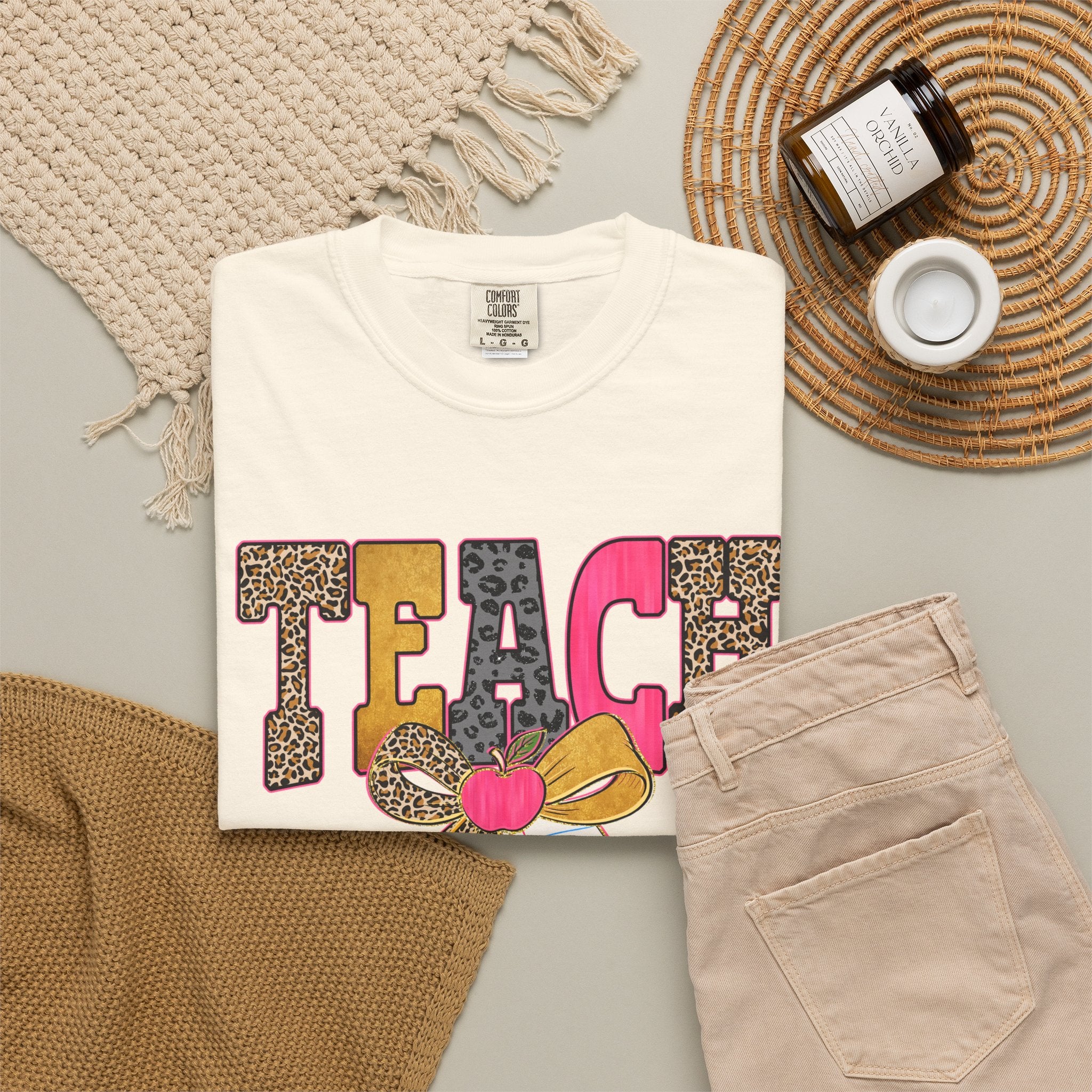 Teacher Graphic Tee — 'TEACH' Leopard Print Pencil Bow Design